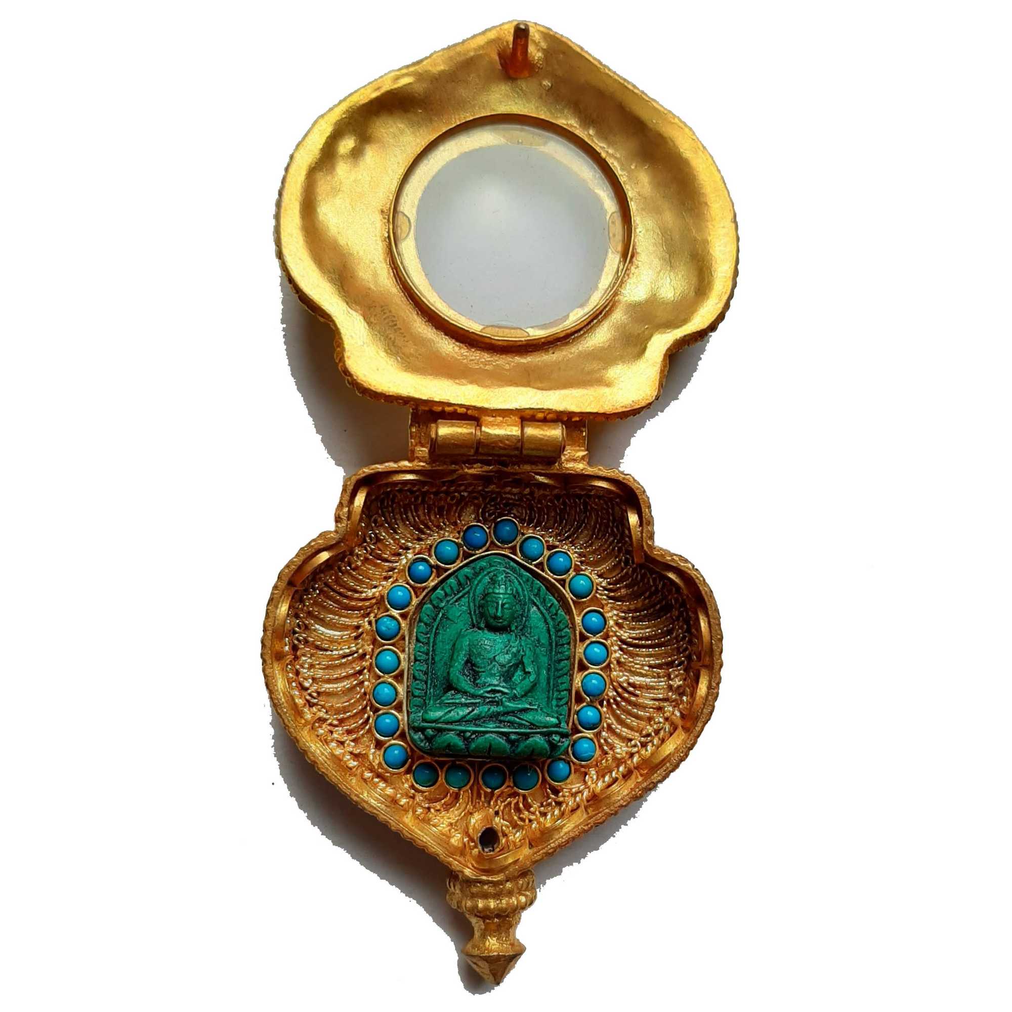 Tibetan Buddha Ghau Amulet, gold Plated And stone Setting