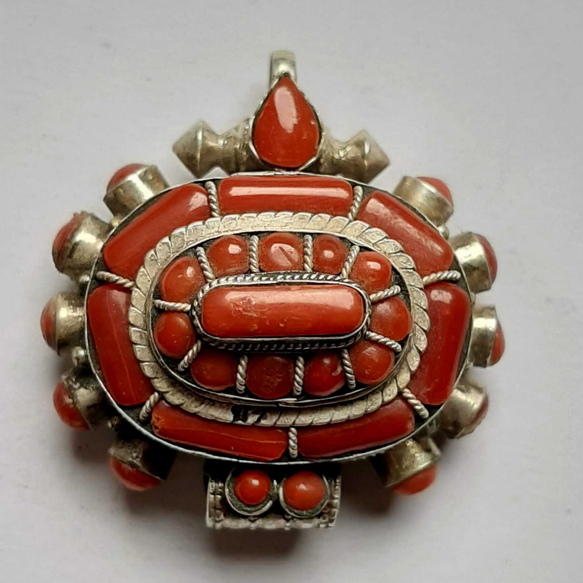 Tibetan silver Ghau Amulet, With Real Coral