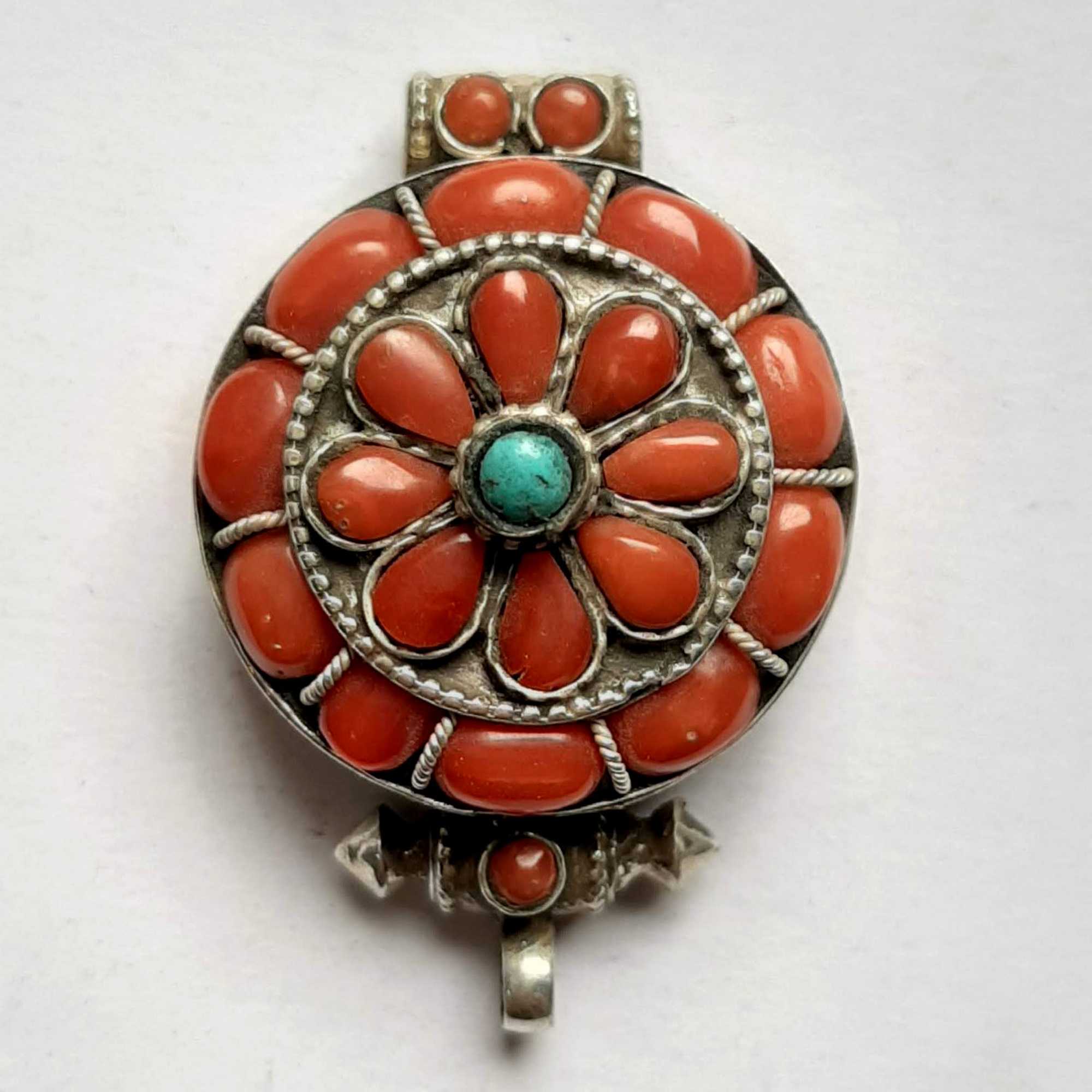 Tibetan silver Ghau Amulet, With Real Coral