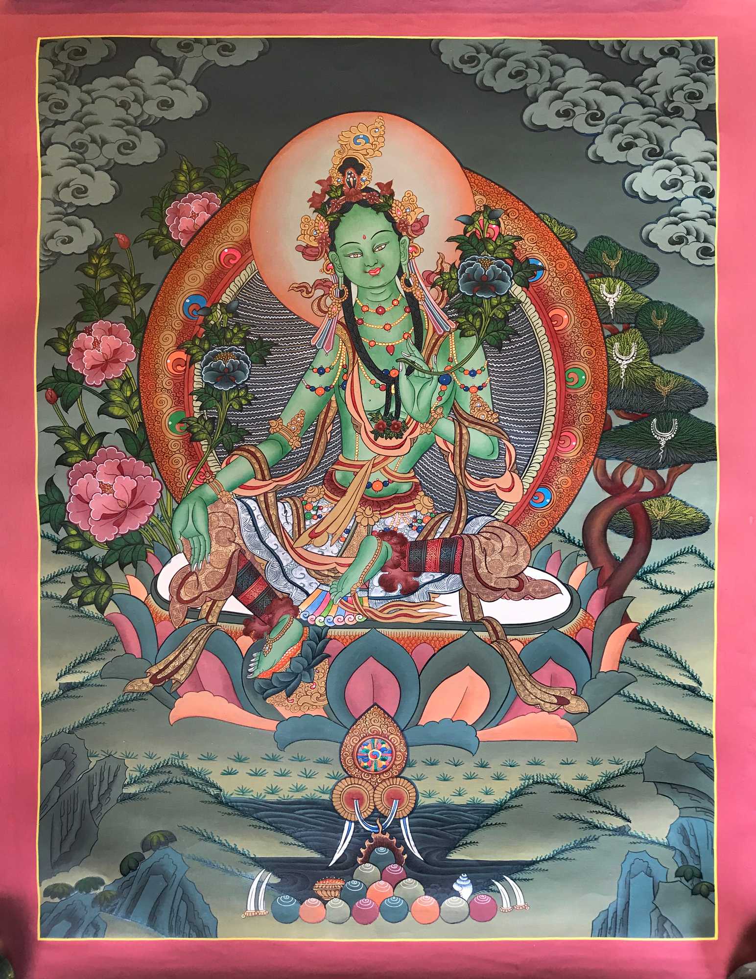 Tibetan Thangka Of Green Tara,traditional Color, using Real Gold | Price:  US$160 | Thangka- Figures | Green Tara, Size :50x38cm, Material: Handmade  Cotton Canvas