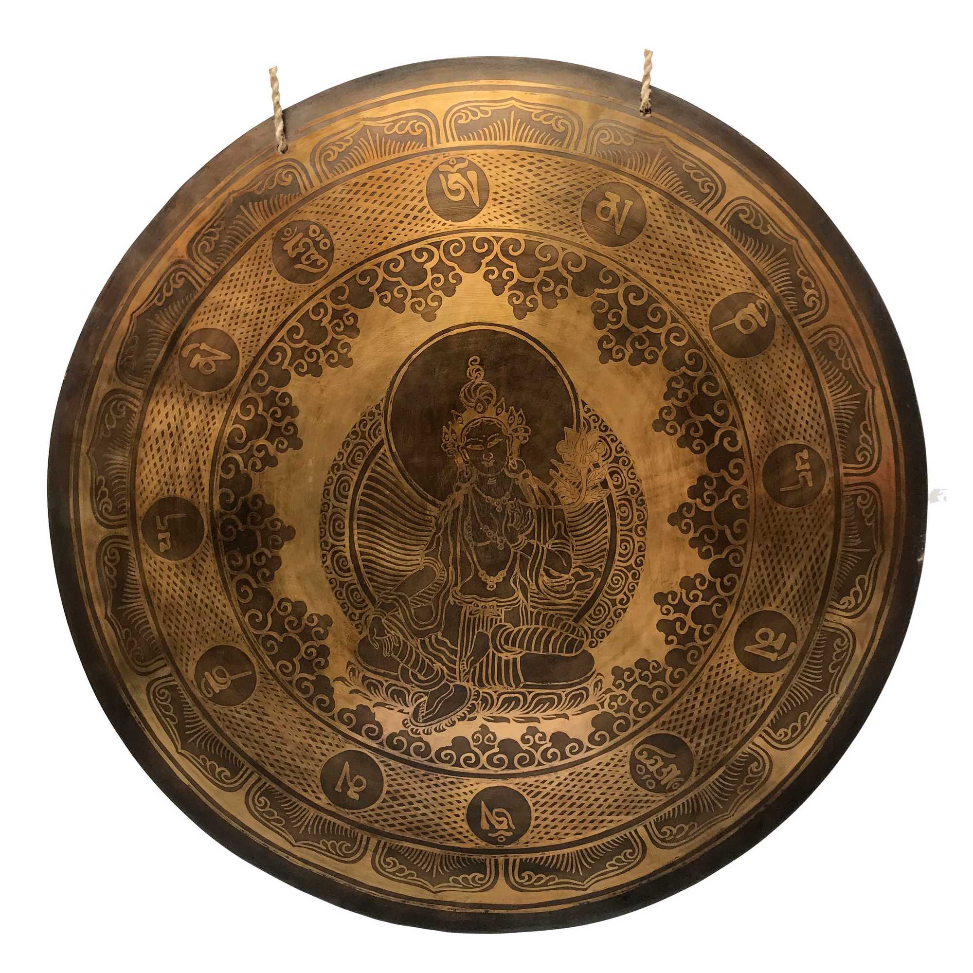 Tibetan Flat Gong, green Tara Design, Wind Gong, Flat Gong