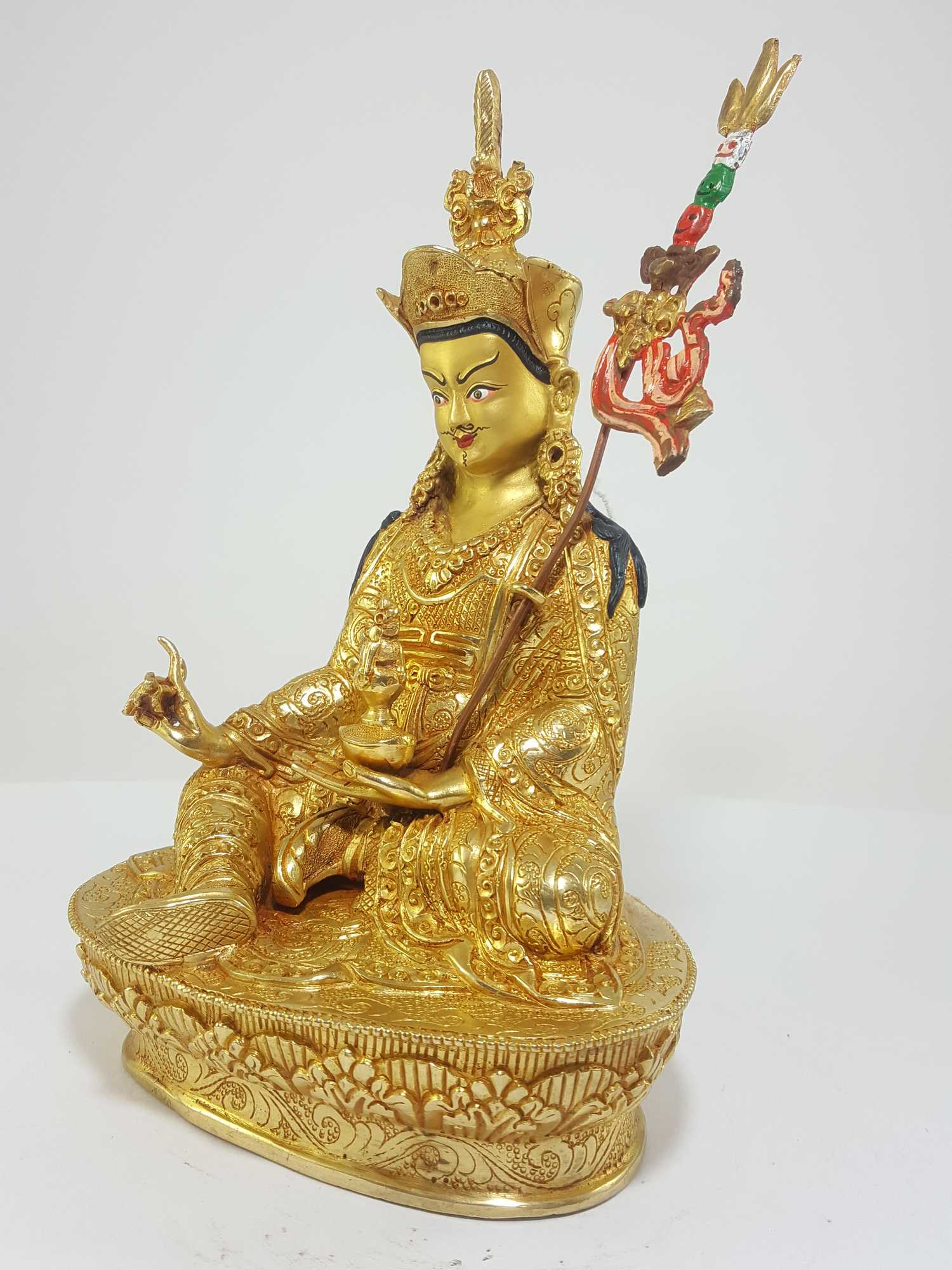 Tibetan Statue Of Padmasambhava full Fire Gold Plated With painted Face