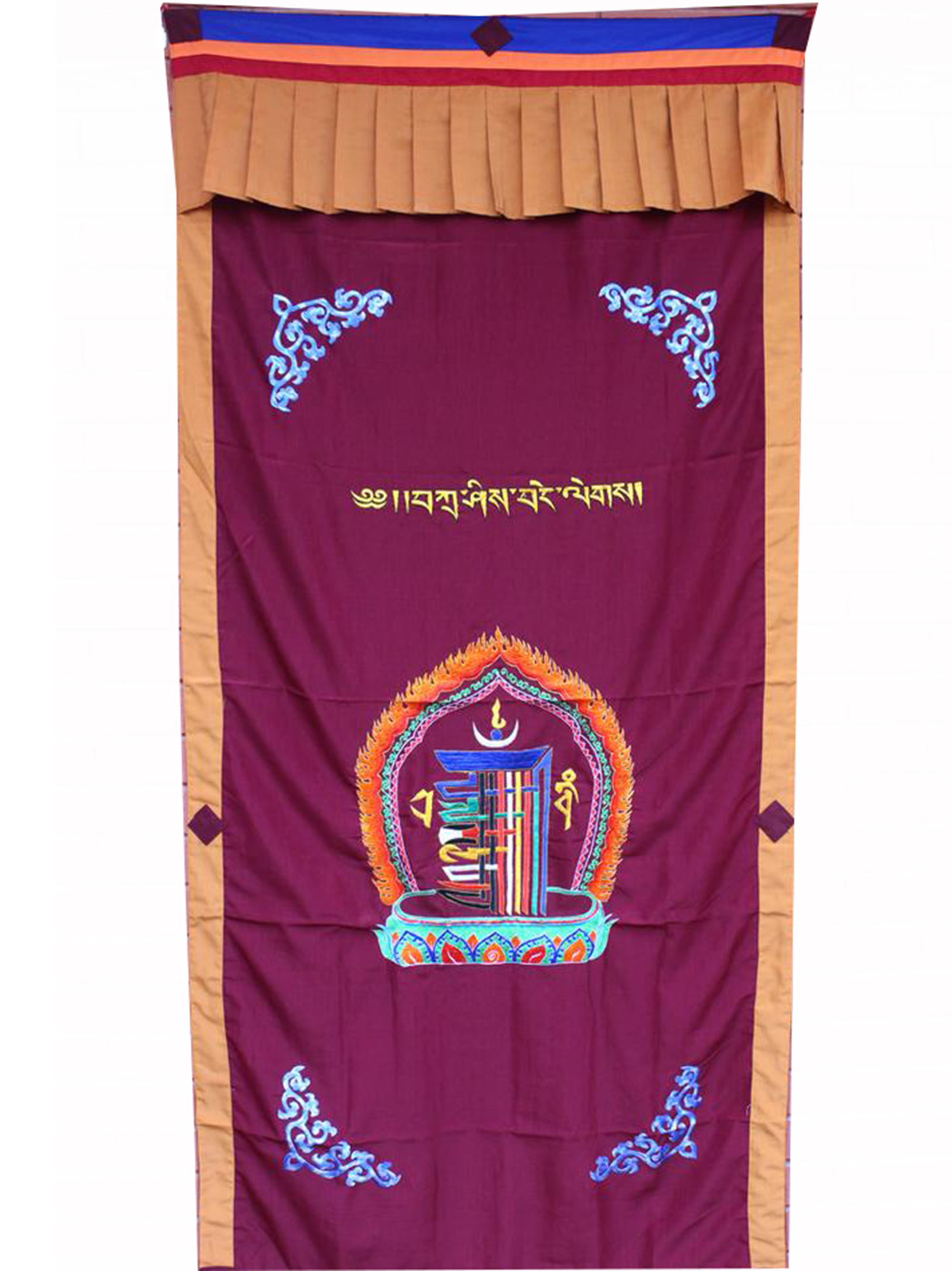 Brocade Tibetan Door Curtain, With kalachakra Embroidery, white