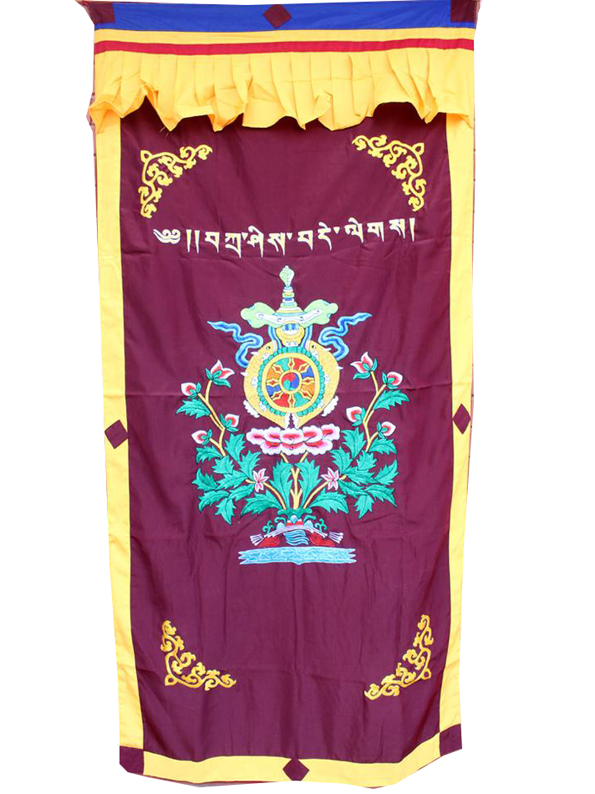 Brocade Tibetan Door Curtain, With purna Kalash Embroidery, yellow On Maroon