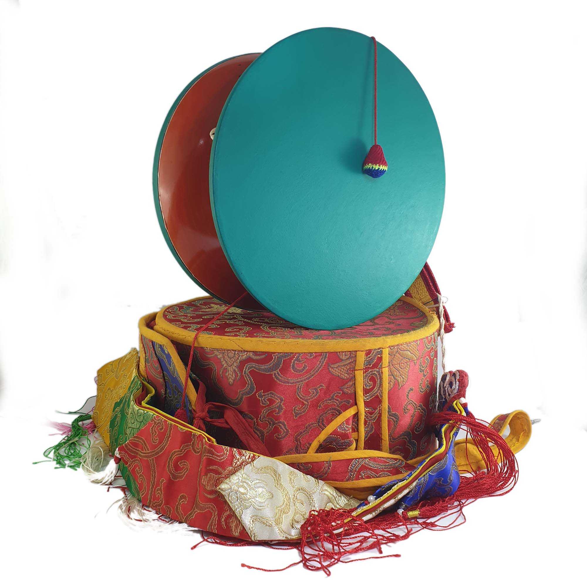 Tibetan Chod Damaru Round, large, Wooden And Leather, With Brocade Damaru Drum Cover And Damaru Brocade Tail