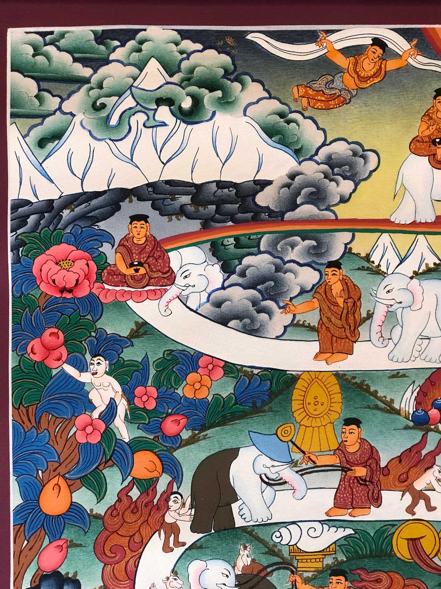 Tibetan Thangka Of Way To The Heaven -9 Stages Of Calm Abiding, With real Gold