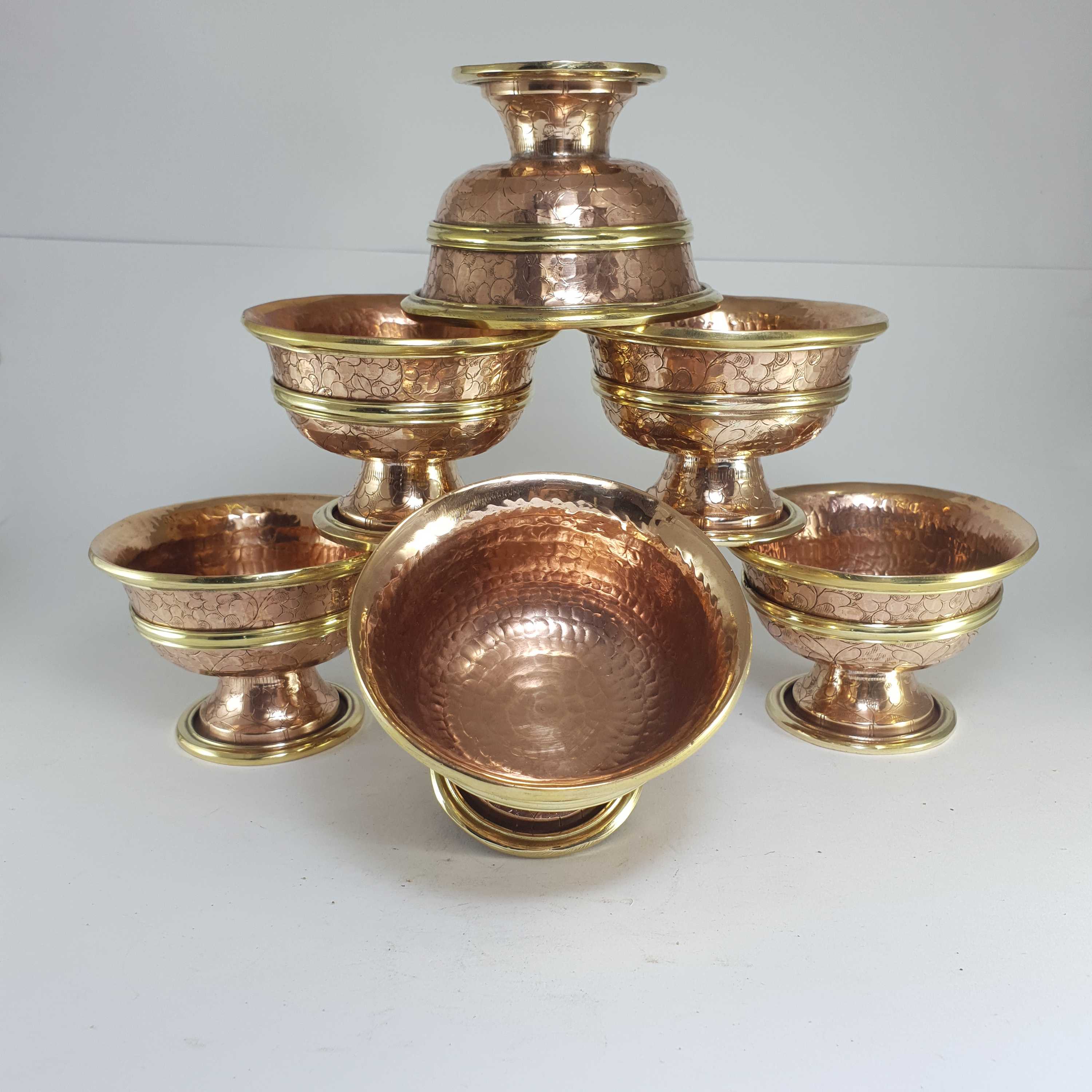 large Copper Offering Bowl With Stand And Hand Carving 7 Pcs Set