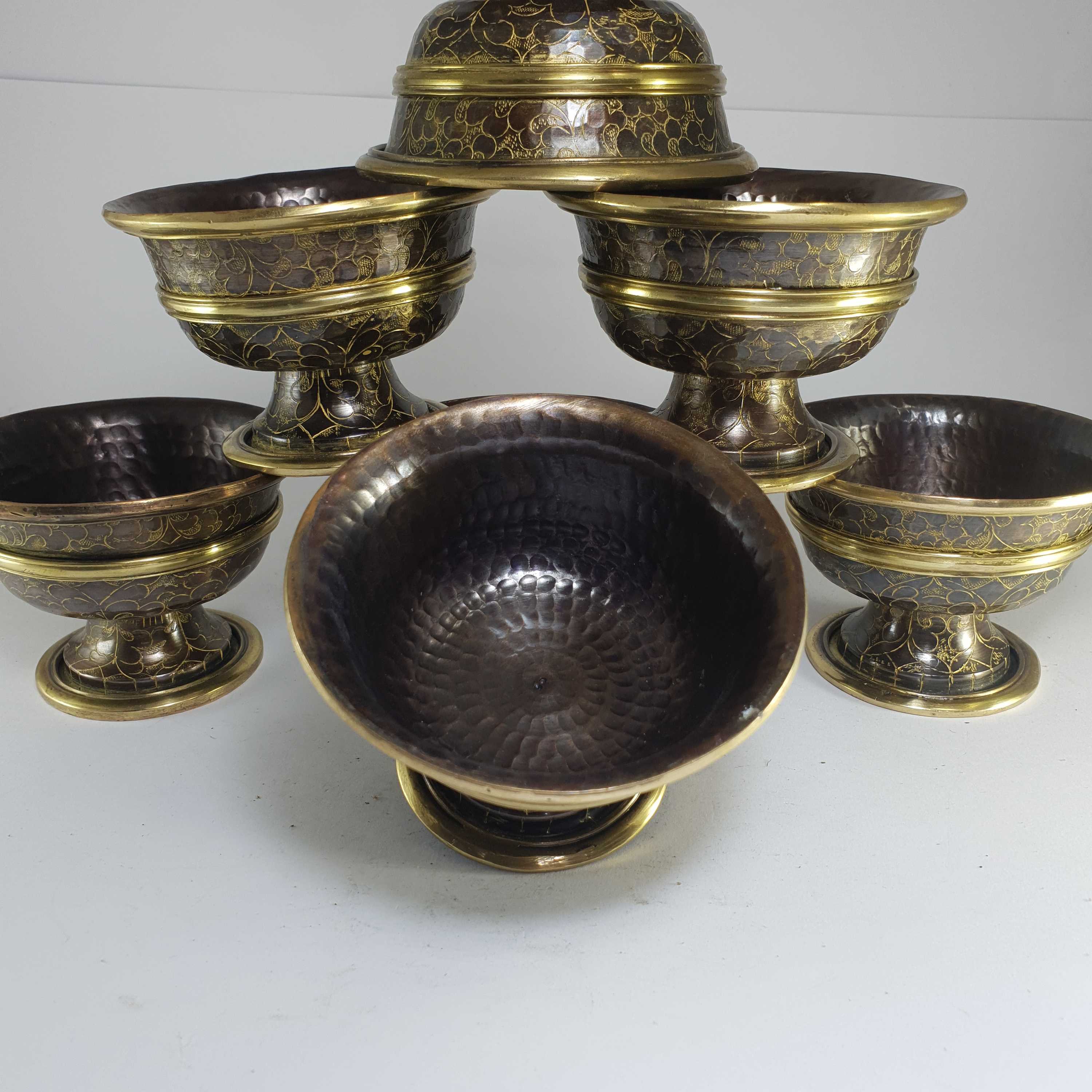 large Copper Offering Bowl With Stand And Hand Carving 7 Pcs Set, In Antique Finishing
