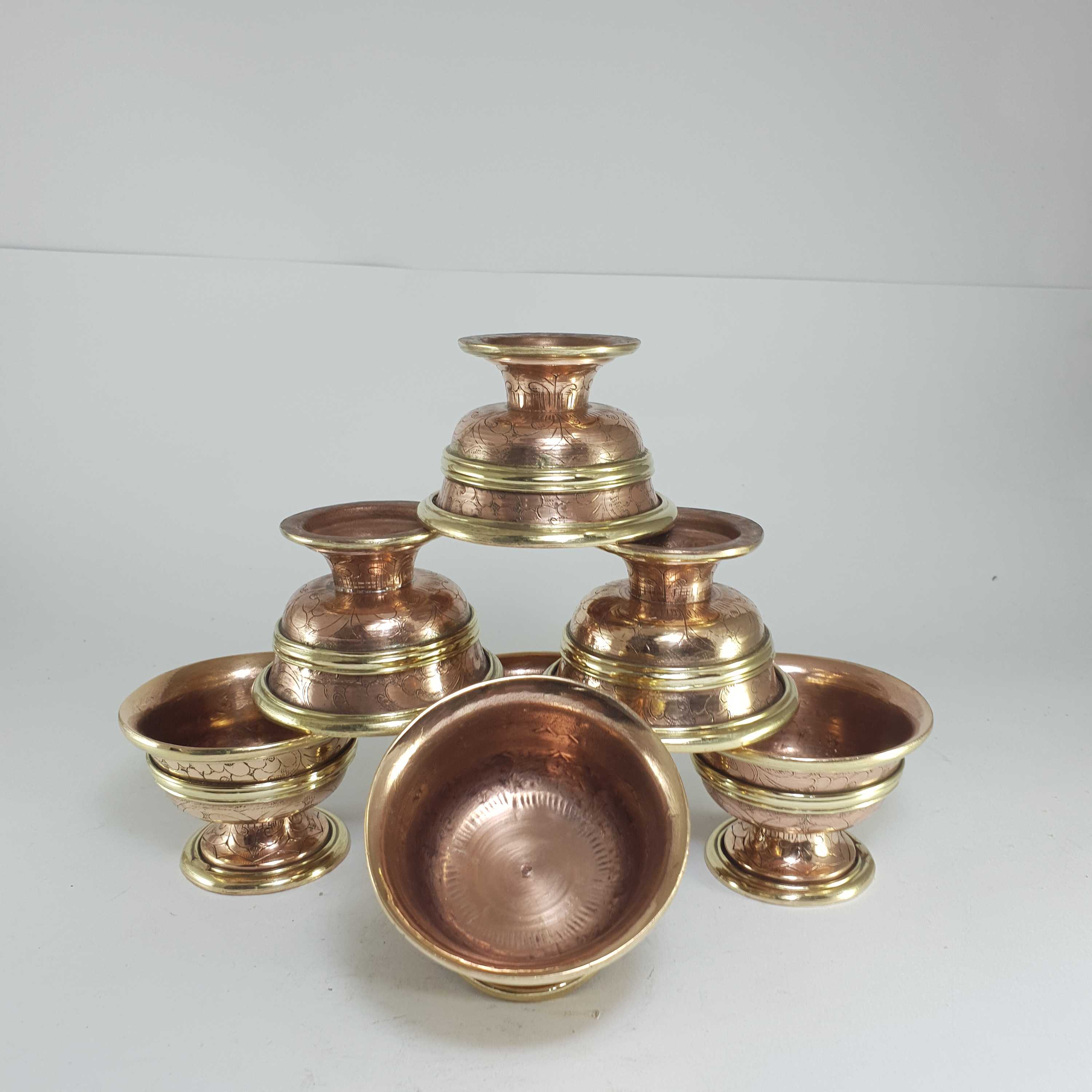 small Copper Offering Bowl With Stand And Hand Carving 7 Pcs Set