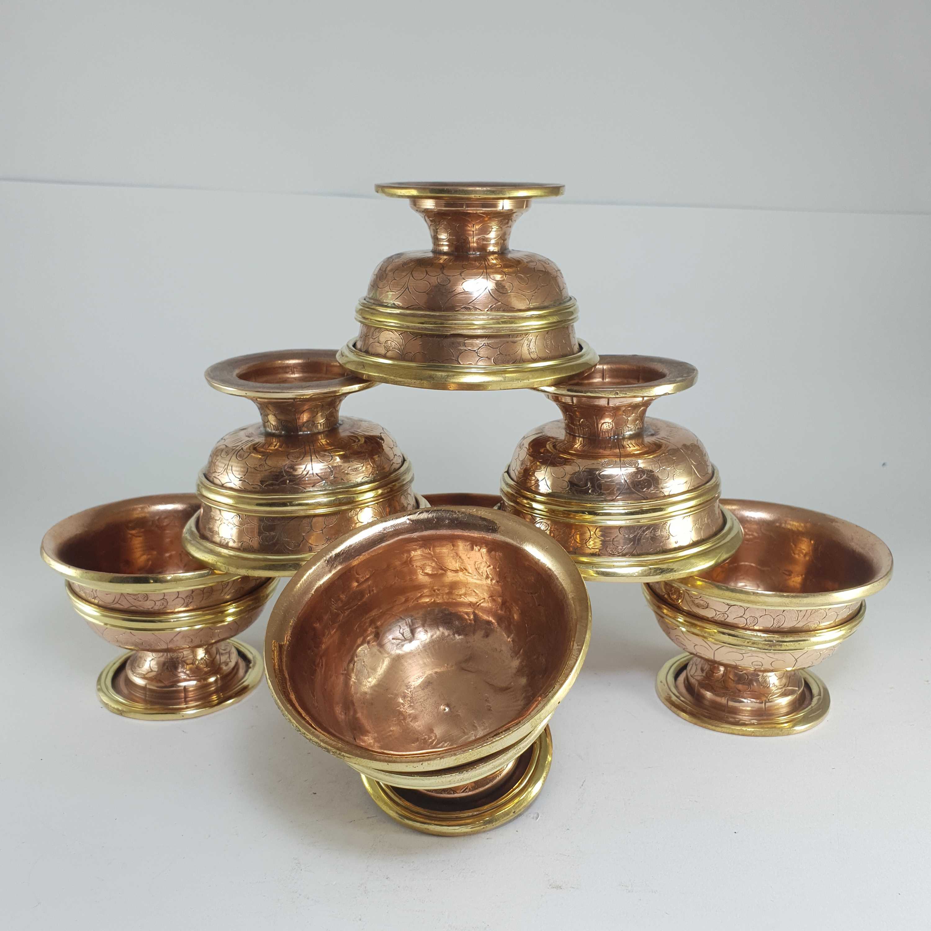 medium Copper Offering Bowl With Stand And Hand Carving 7 Pcs Set