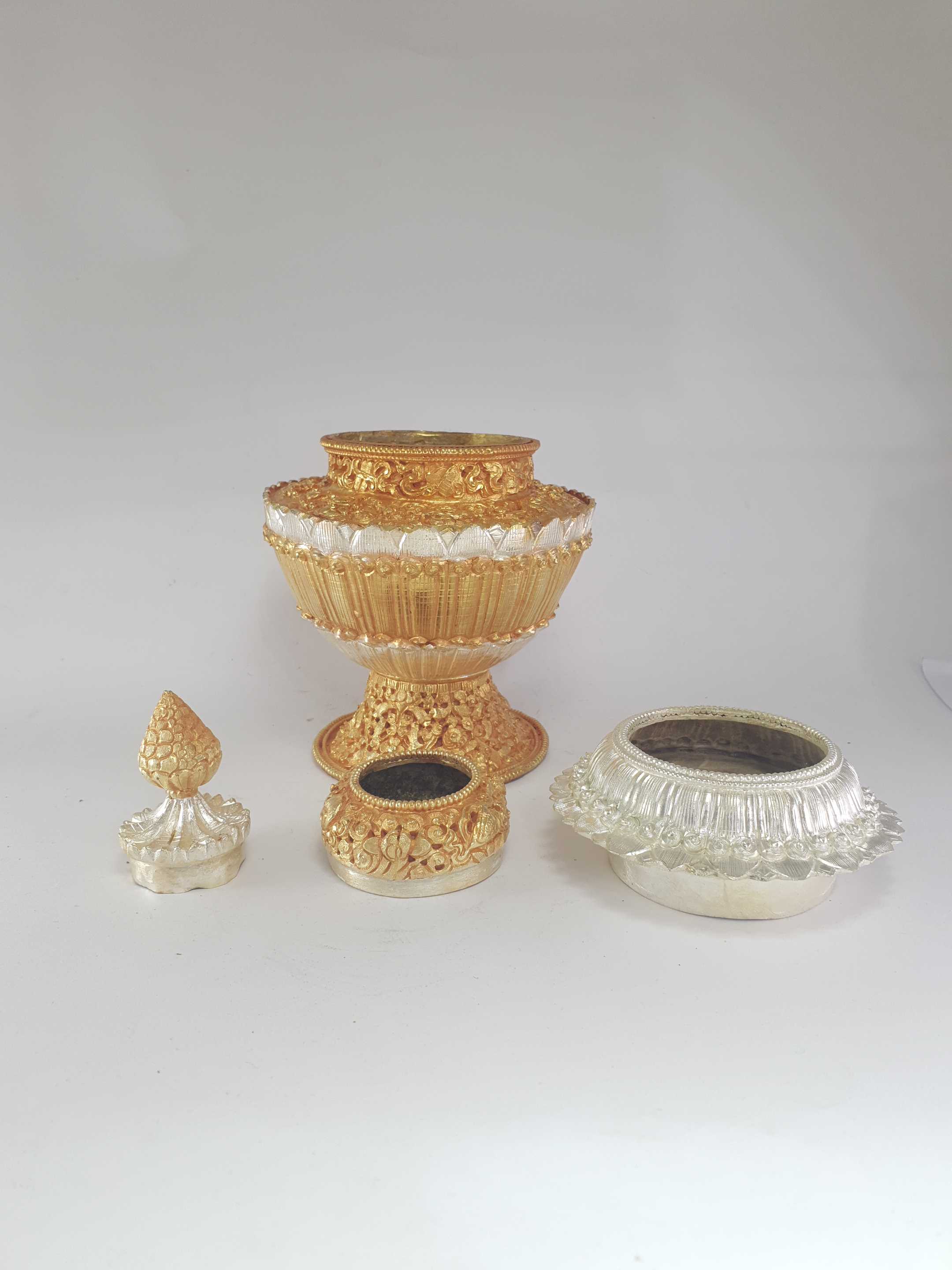 hq, Dophor, Nesi, Vessel For Offering Rice With Deep Carving, gold And Silver Plated, Rice Offering