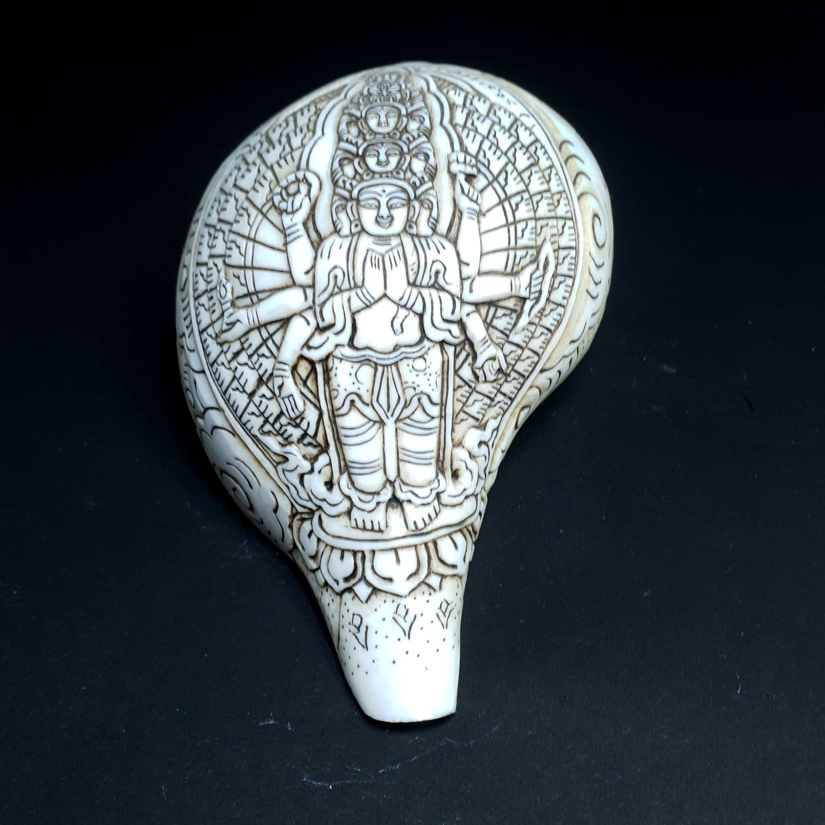 Tibetan Conch Shell With Sahasrabhuja Avalokitesvara hand Carved