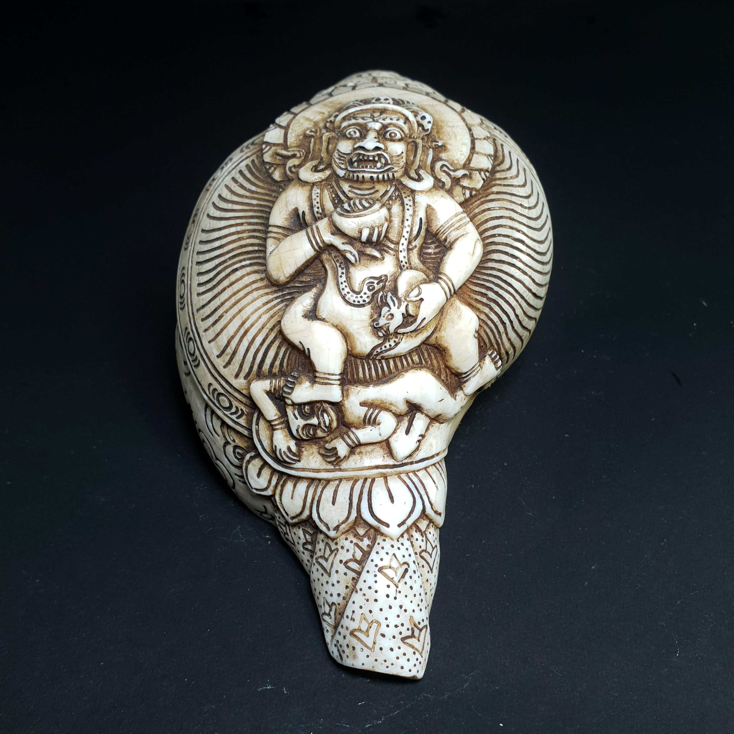 Tibetan Conch Shell With Black Jambhala hand Carved