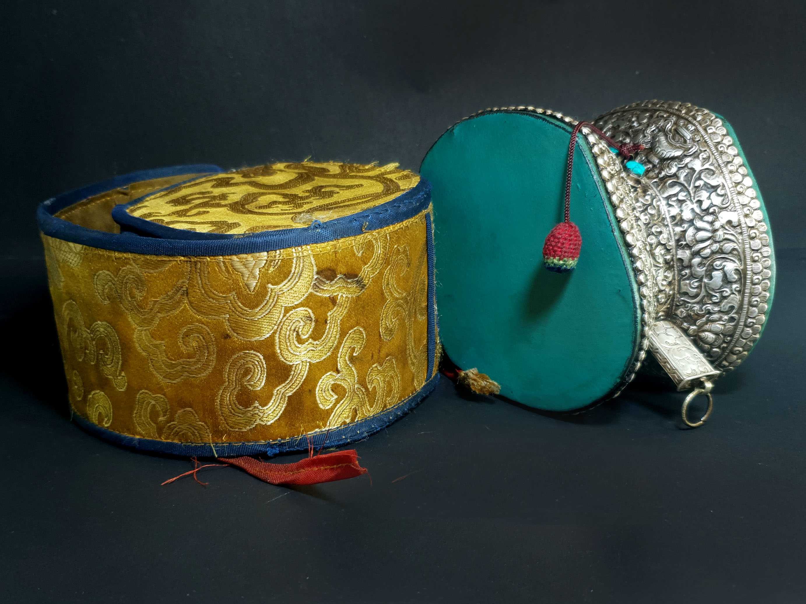 Tibetan Chod Damaru white Metal, Wooden And Leather, With Brocade Damaru Drum Cover And Damaru Brocade Tail
