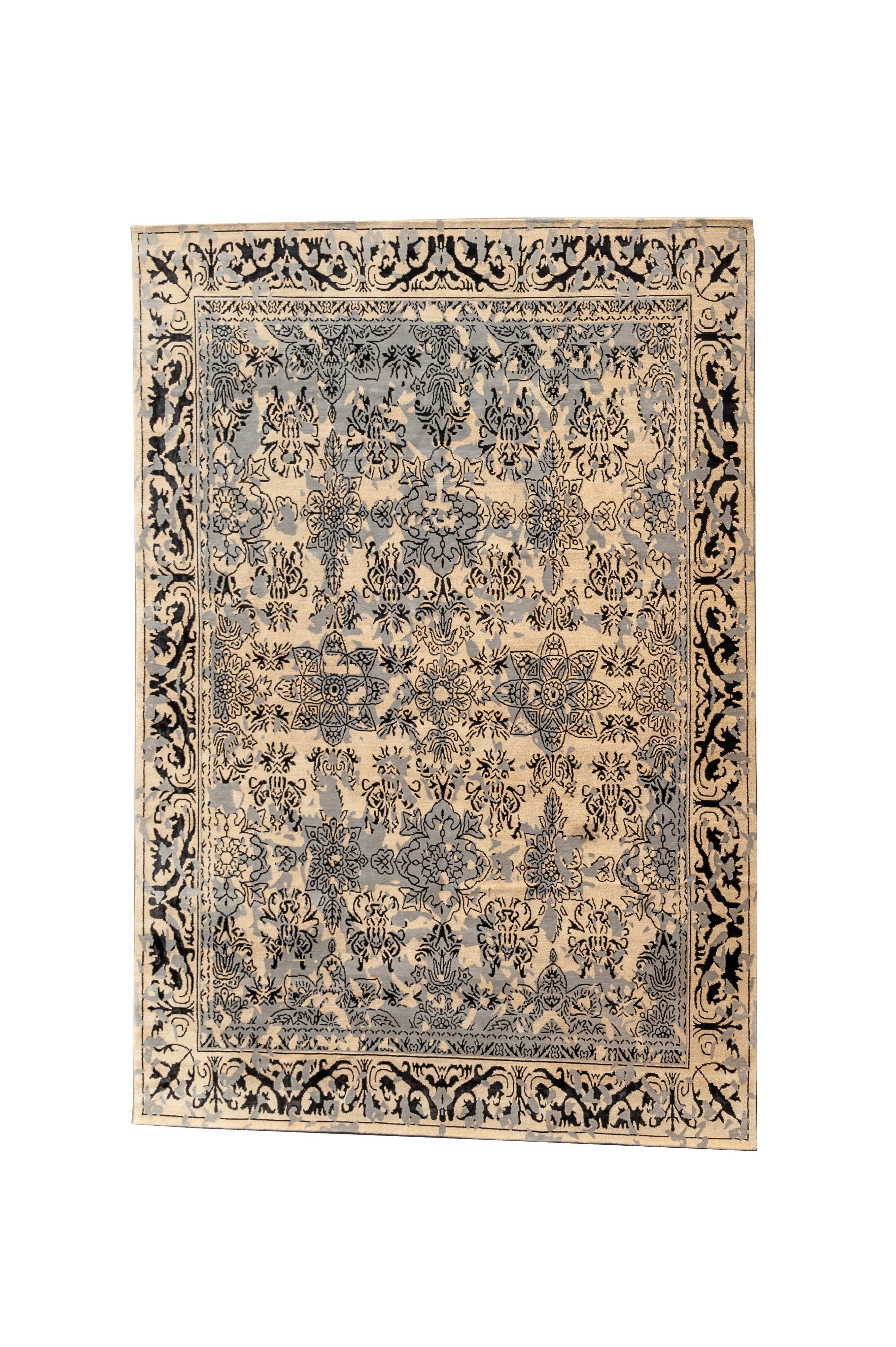 Nepali Handmade Woolen Abstract Carpet, 100knots, Color Code grey, Silk