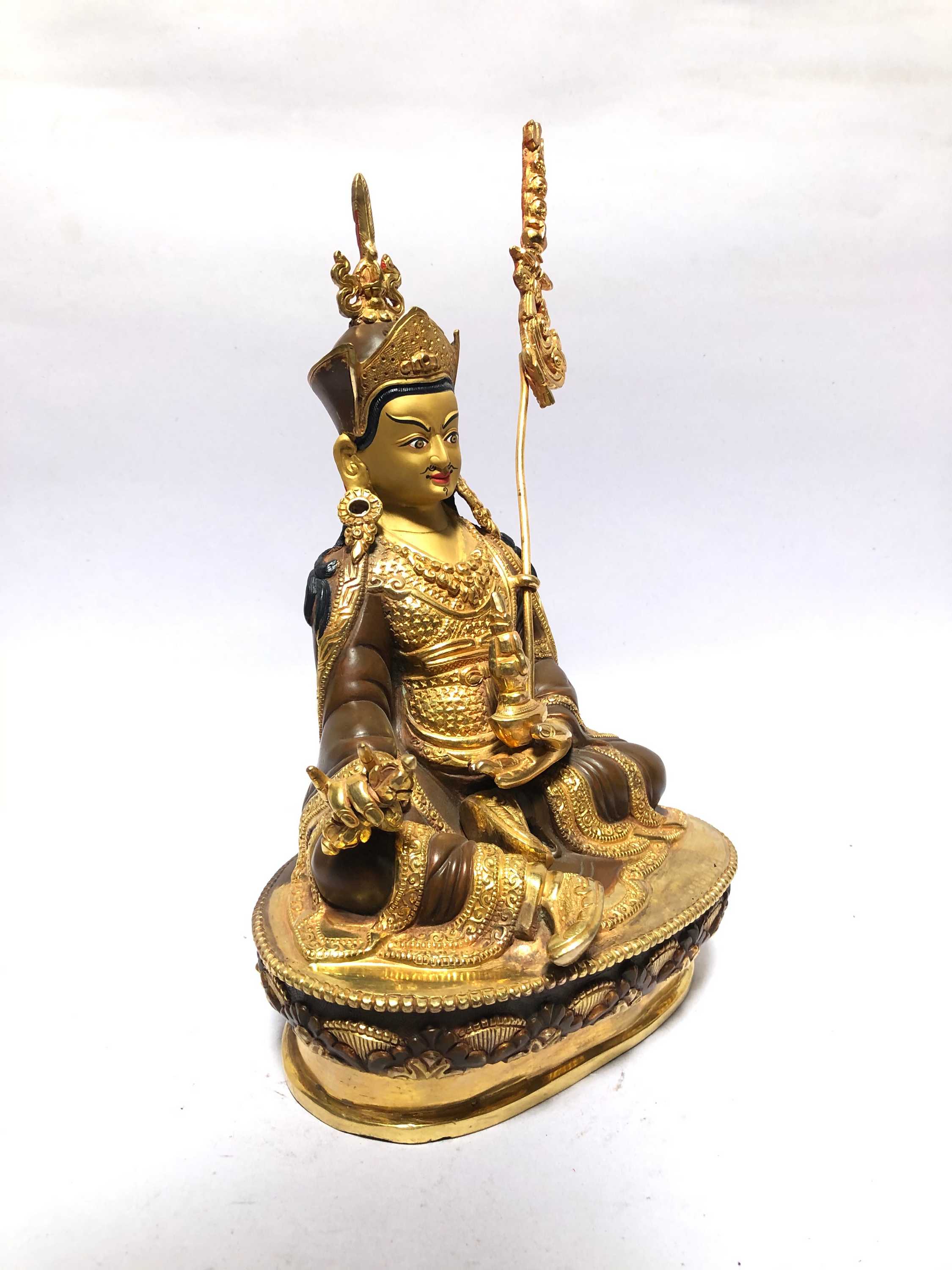 monastery Quality Statue Of Padmasambhava, partly Gold Plated, painted Face