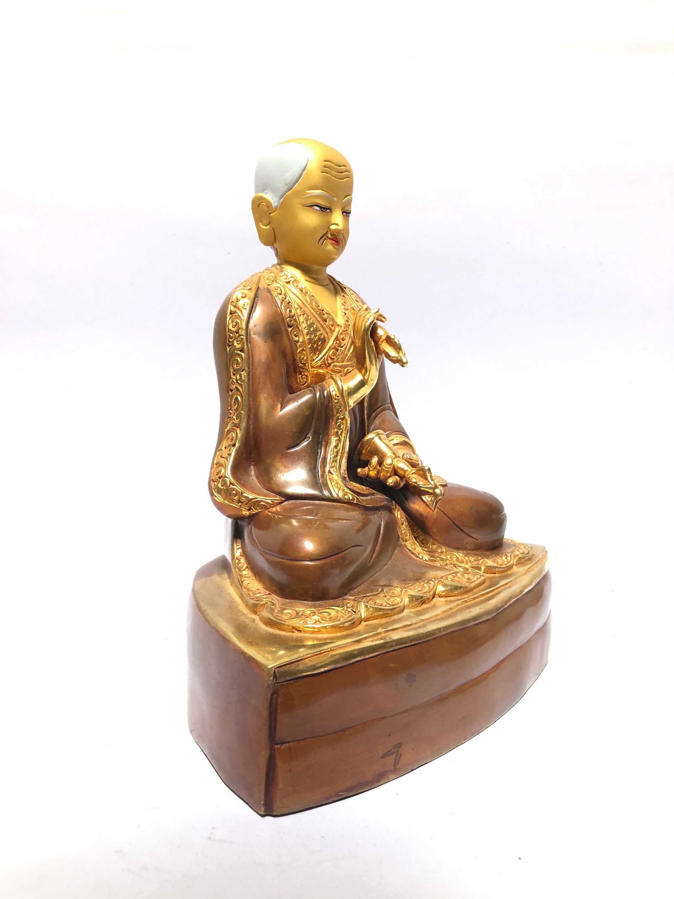 monastery Quality Statue Of Guru, partly Gold Plated, painted Face