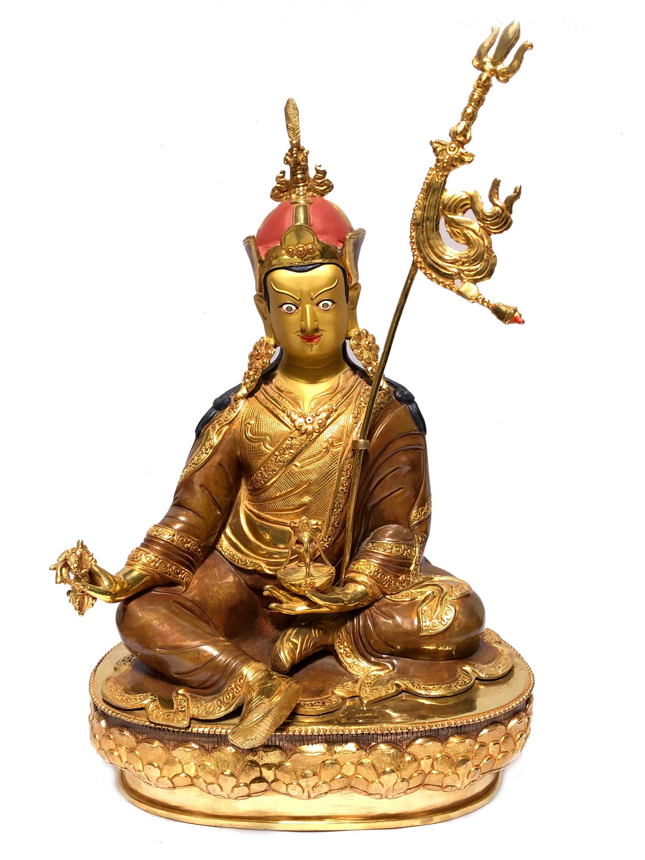 monastery Quality Buddhist Statue Of Padmasambhava full Fire Gold Plated, painted Face