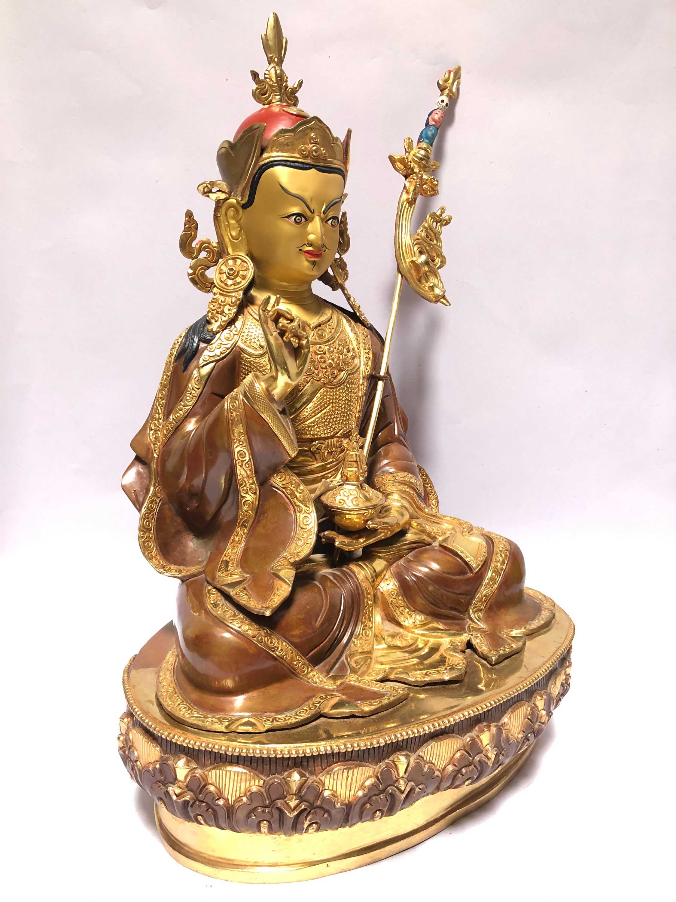 monastery Quality Buddhist Statue Of Padmasambhava full Fire Gold Plated, painted Face