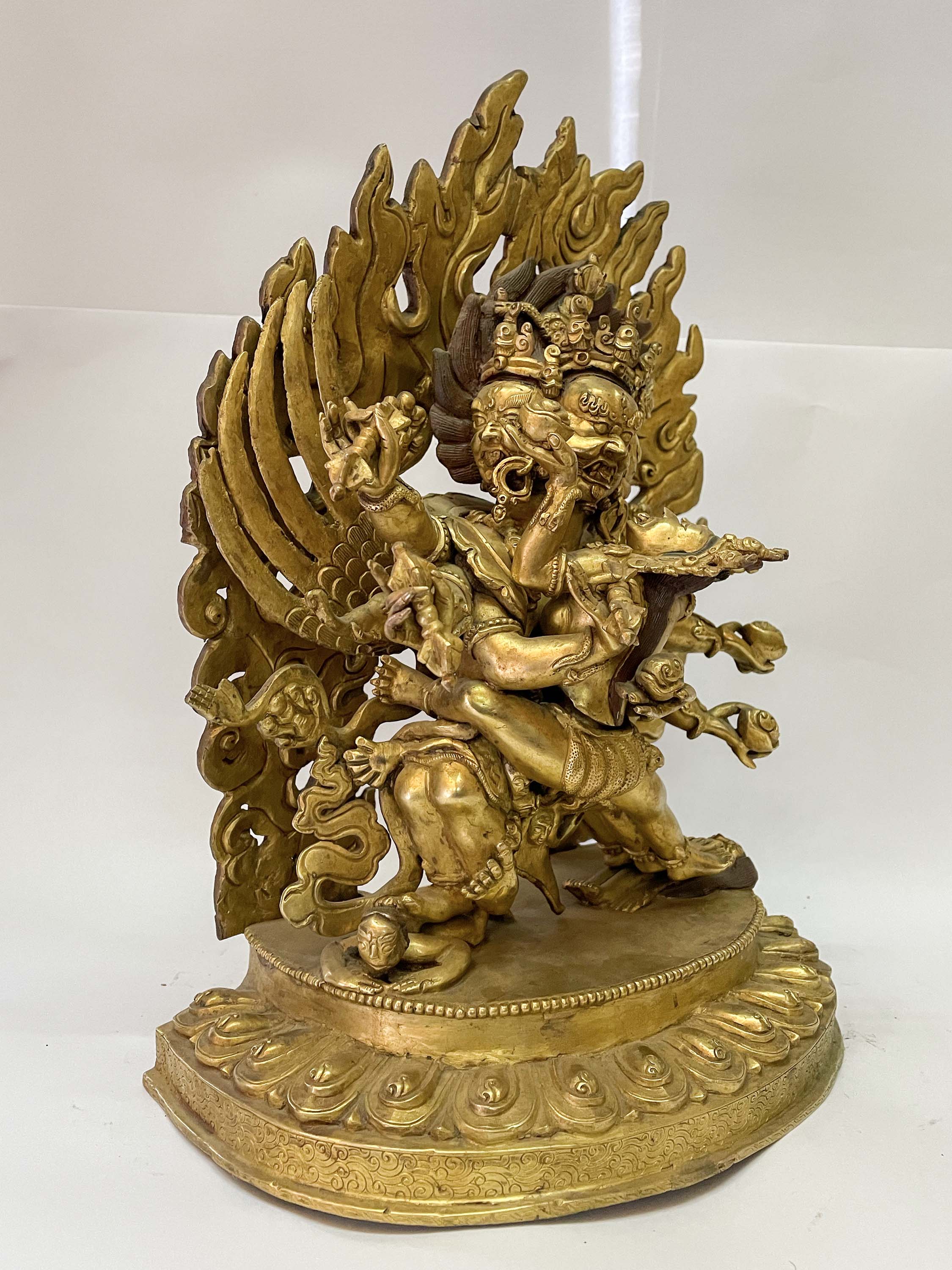 Nepali Handmade Statue Of Hayagriva - Heruka With Consort, shakti, Yab-yum, fire Gold Plated