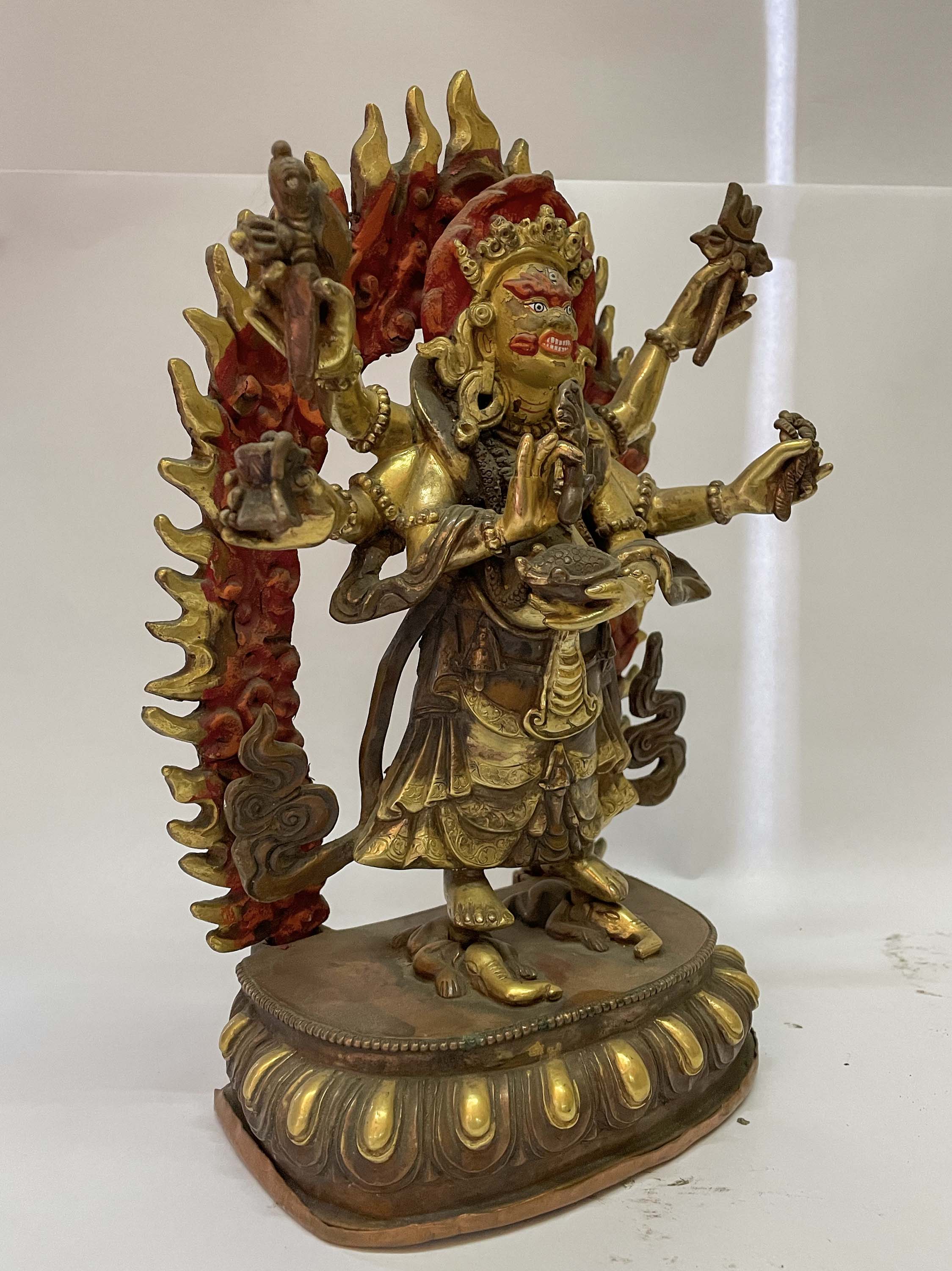 Nepali Handmade Statue Of White Mahakala, partly Gold Plated