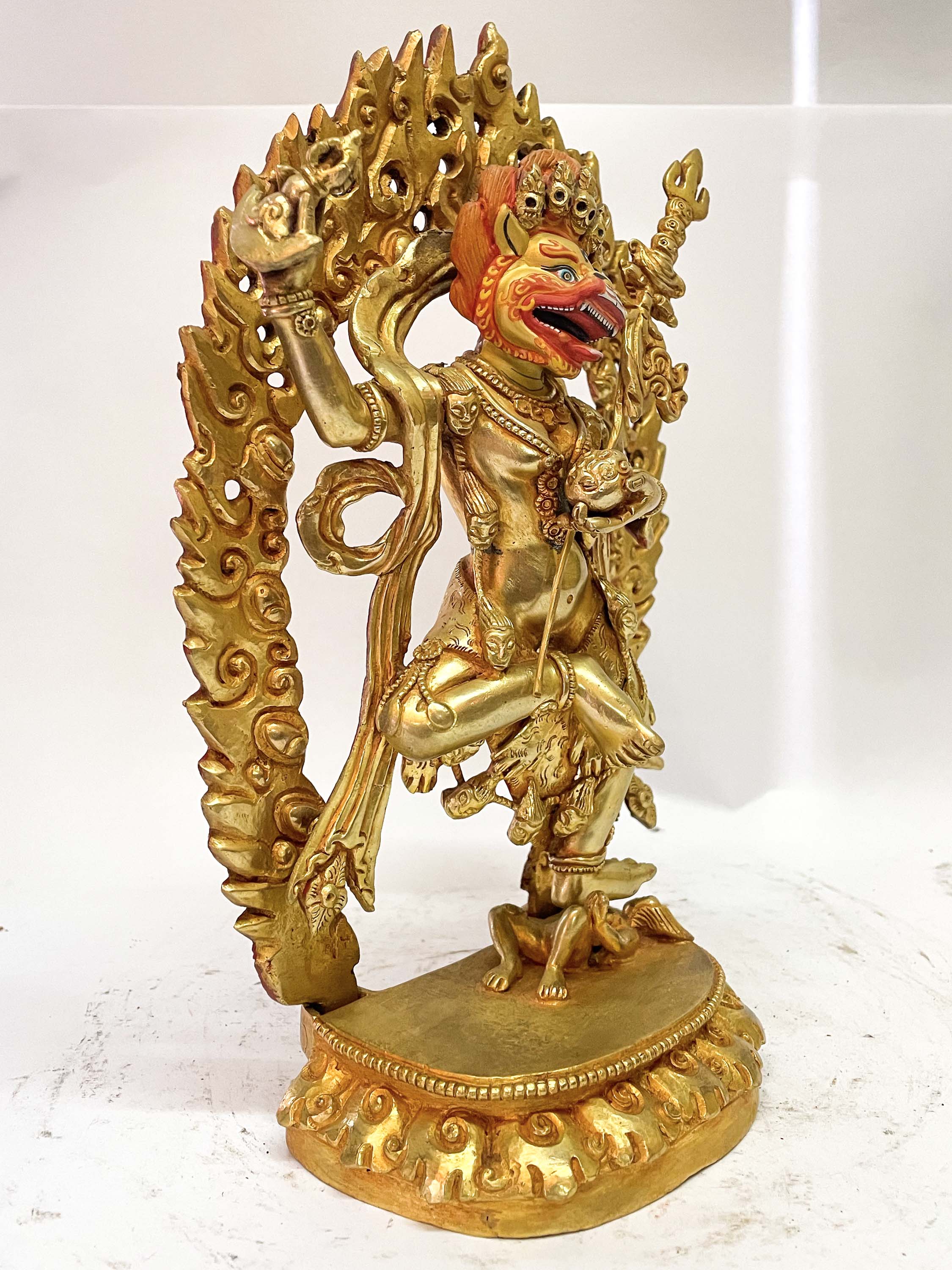 Nepali Handmade Statue Of Simhamukha Yogini, Senge Dongma, full Fire Gold Plated