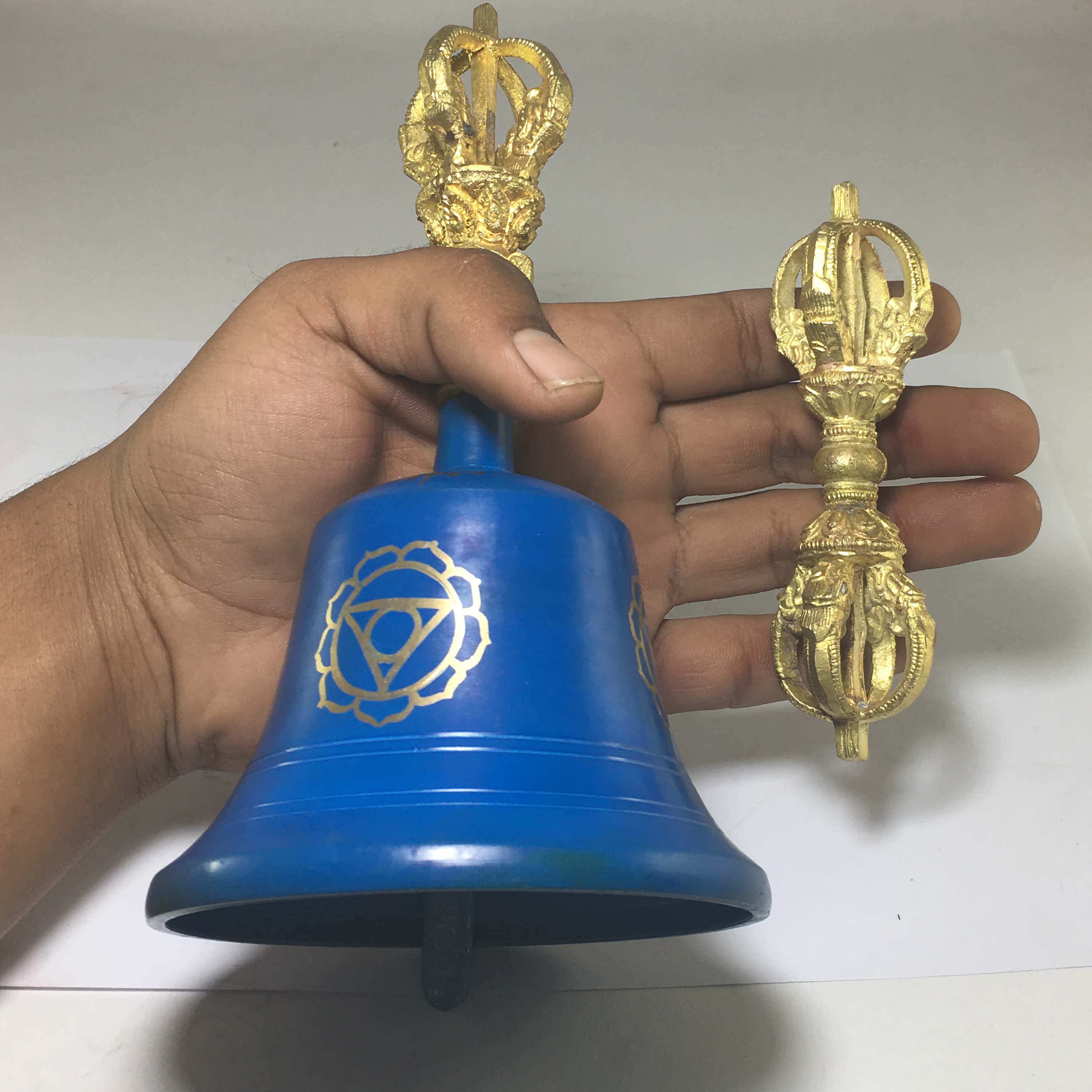Bronze Bell And Dorje vajra, painted Blue