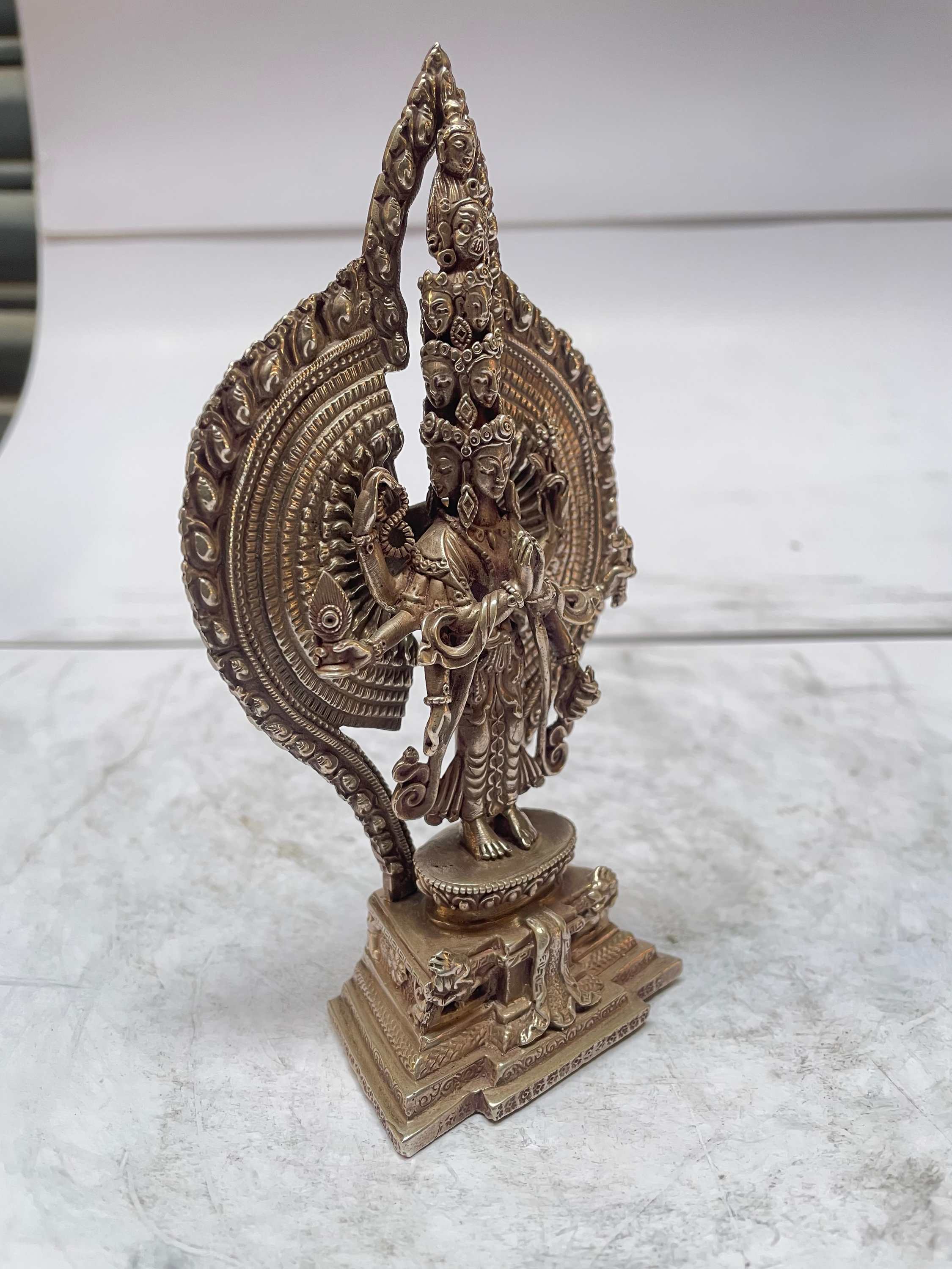 master Quality, Sterling Silver, 345 Gram Statue Of Sahasrabhuja Avalokitesvara, old Stock