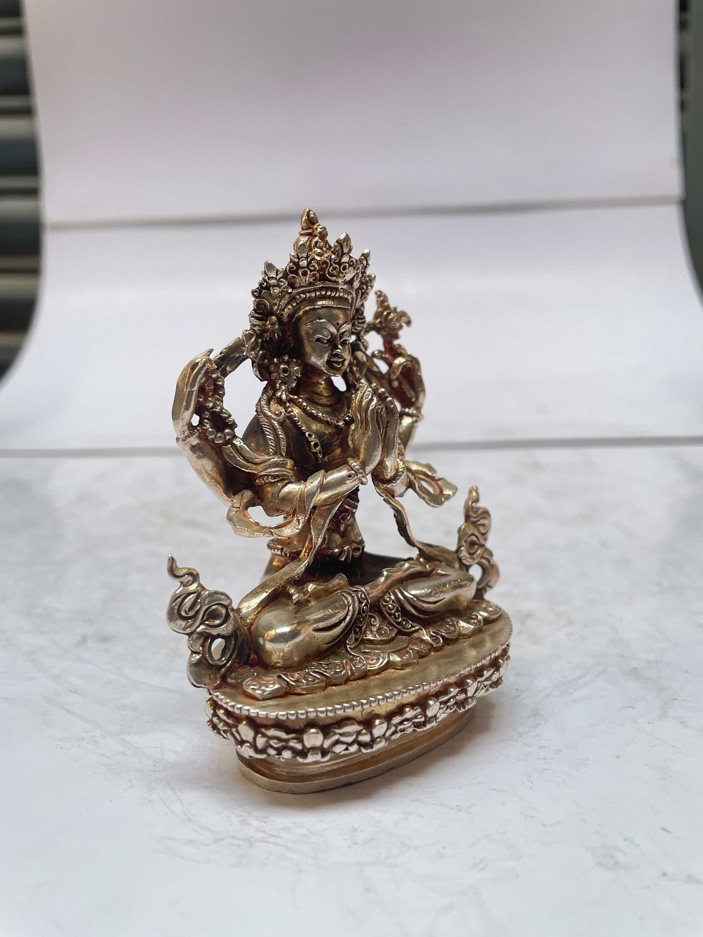 master Quality, Sterling Silver, 204 Gram Statue Of Chenrezig, old Stock