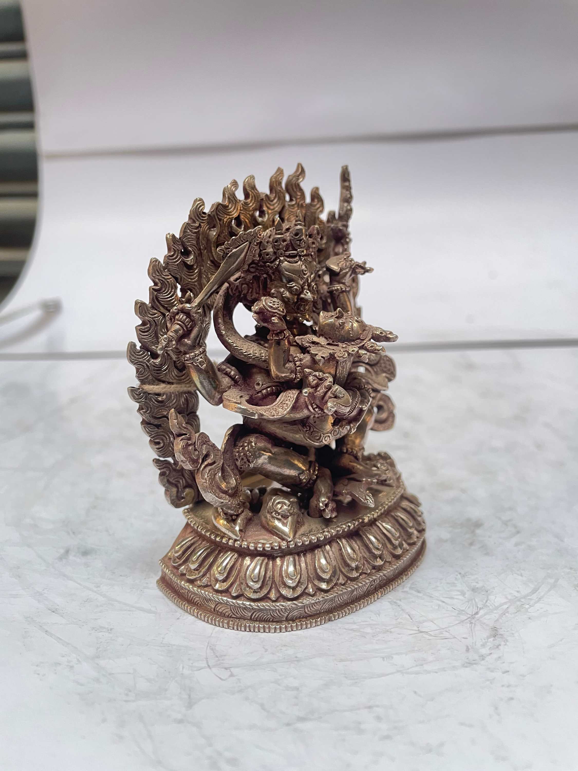 master Quality, Sterling Silver, 395 Gram Statue Of Sitting Mahakala - Four Arm With Consort, shakti, Yab-yum, old Stock