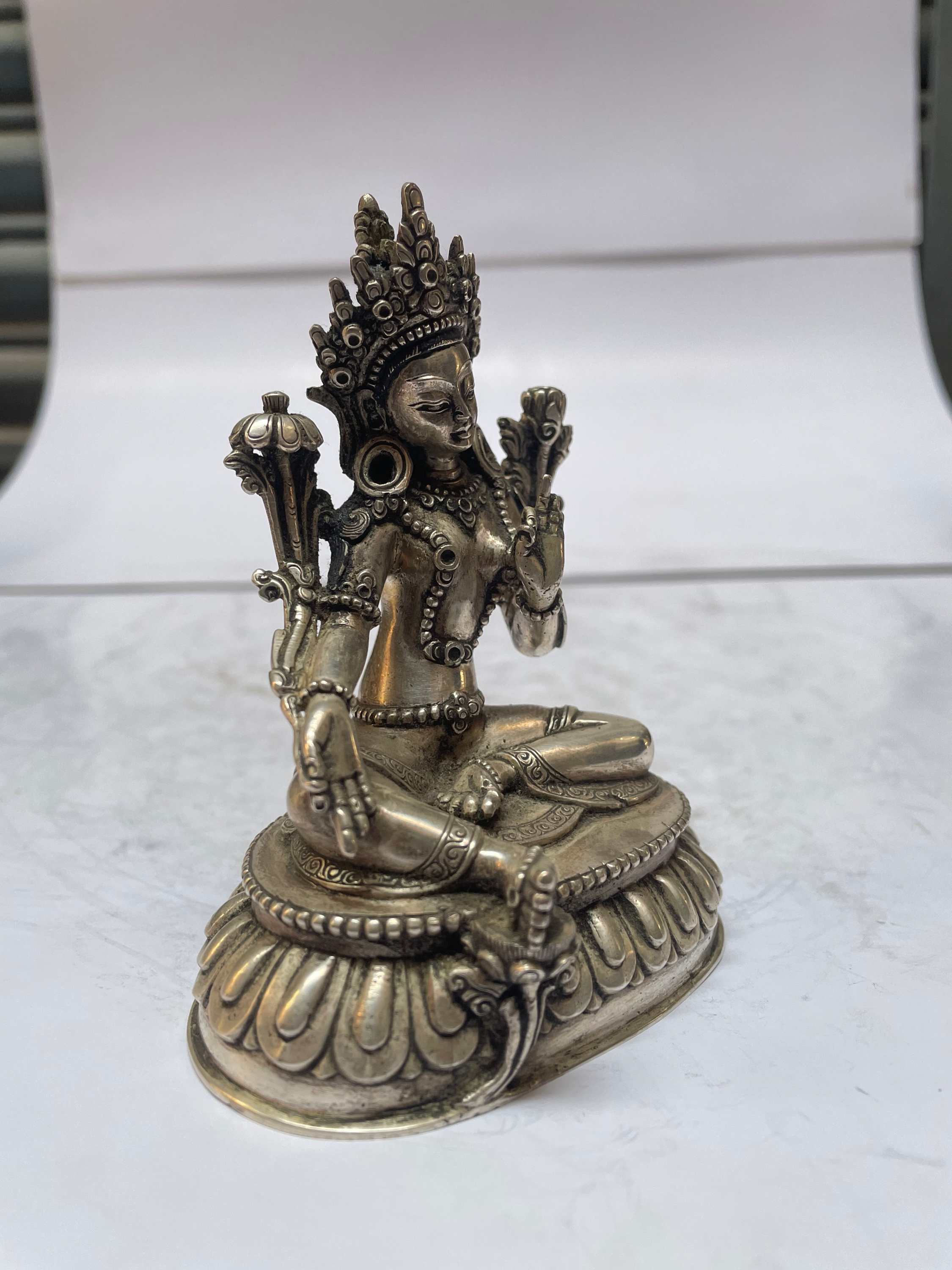 master Quality, Sterling Silver, 320 Gram Statue Of Green Tara, old Stock