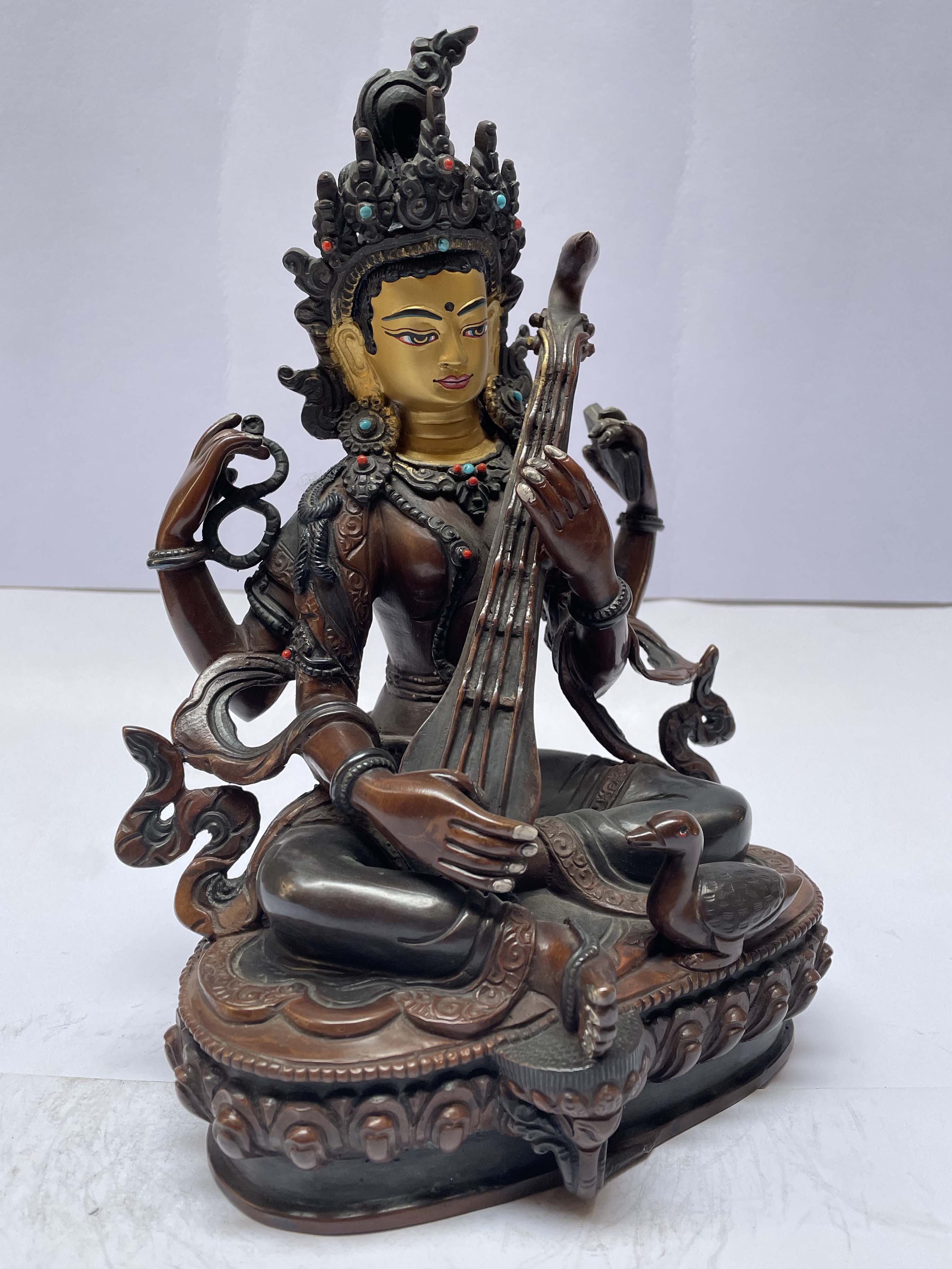 Buddhist Statue Of Saraswati, chocolate Oxidized