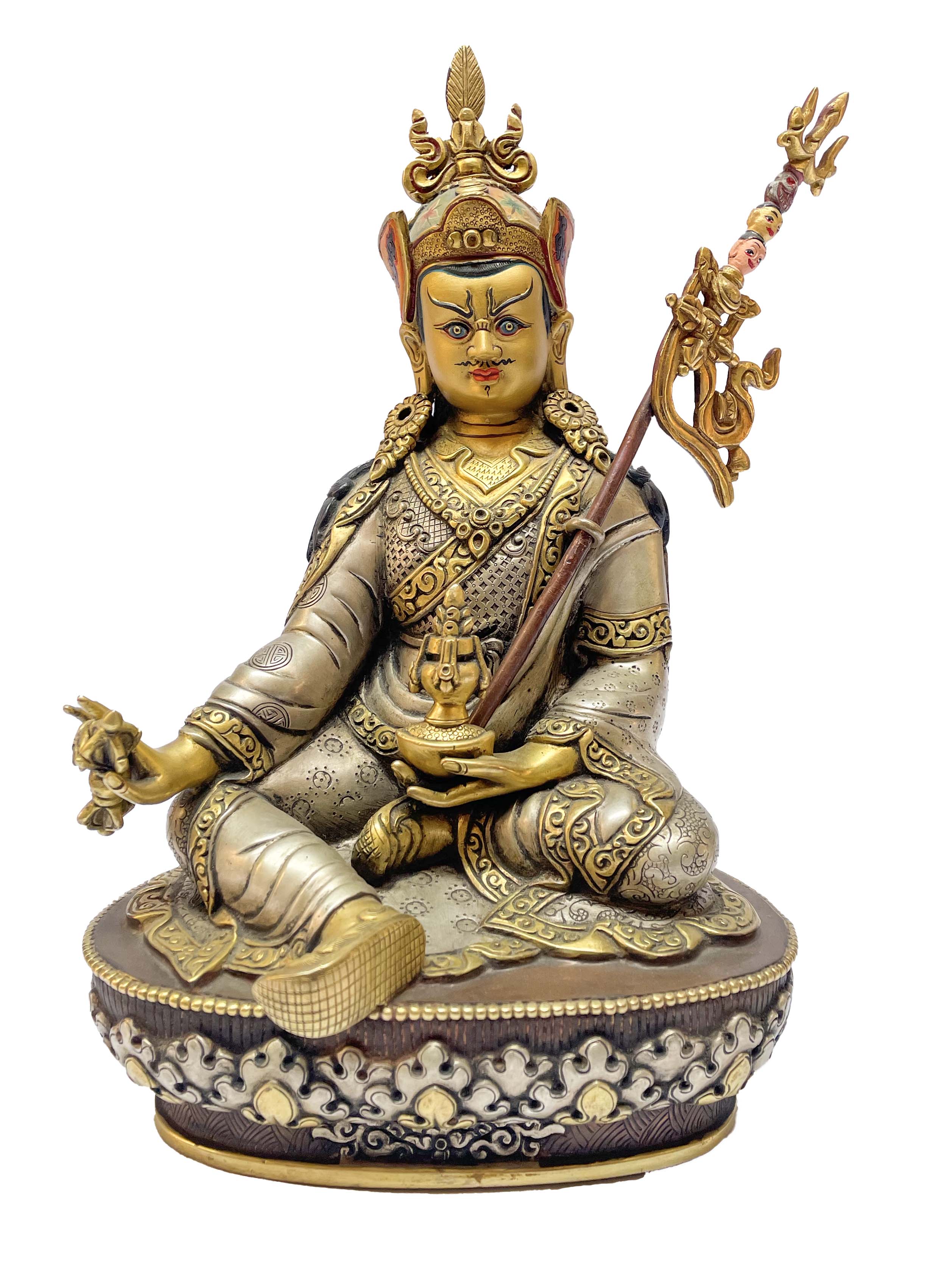 Buddhist Statue Of Padmasambhava, silver And Chocolate Oxidized