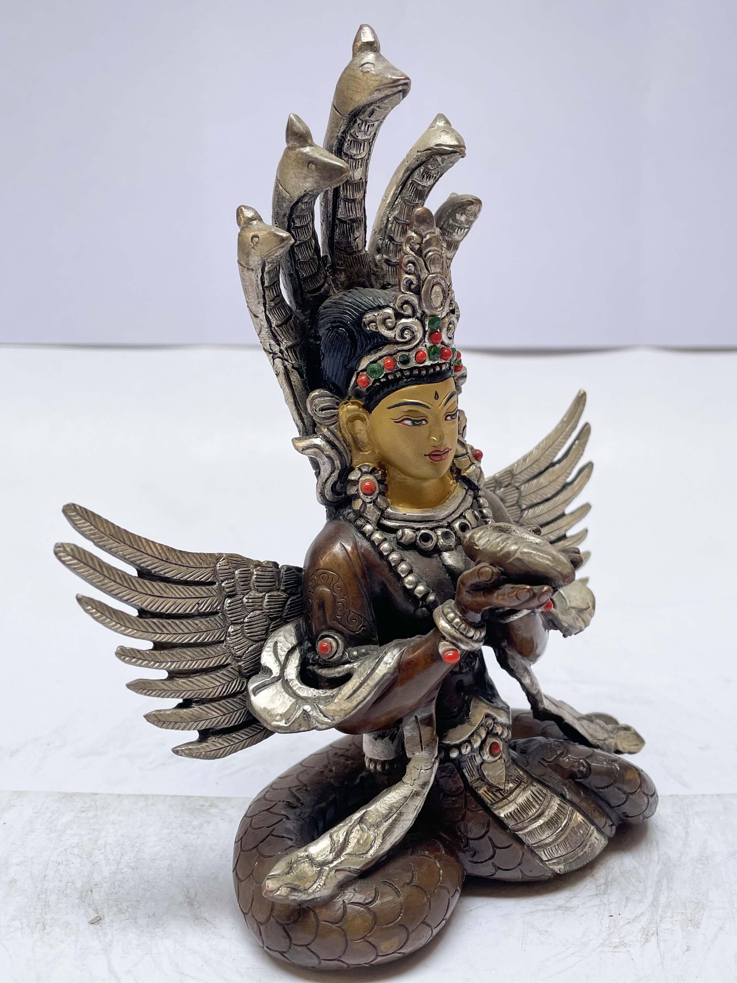 Buddhist Statue Of Naga Kanya, silver And Chocolate Oxidized