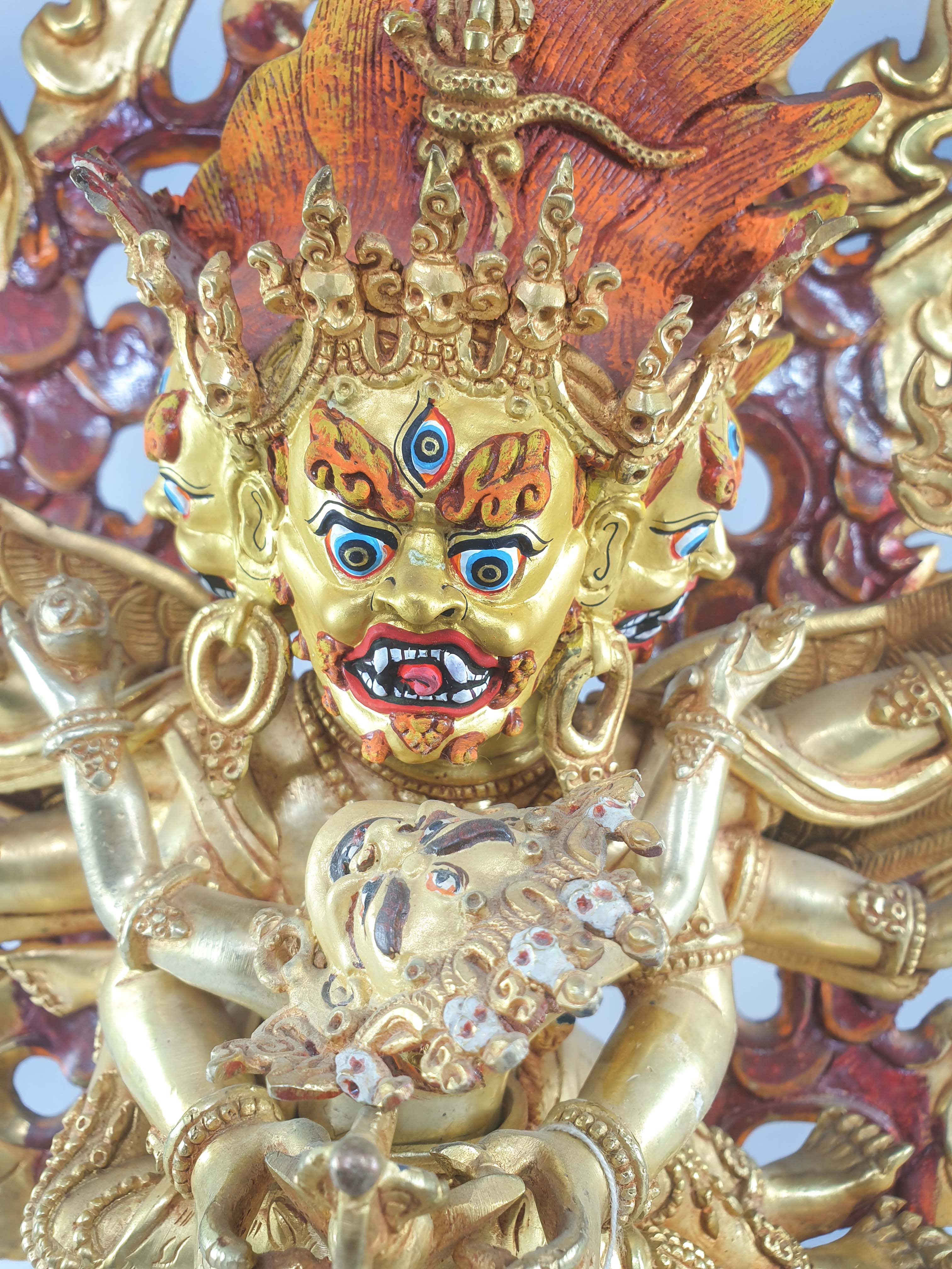 Buddhist Statue Of Vajrakilaya - Dorje Phurba - Heruka, full Fire Gold Plated, painted Face