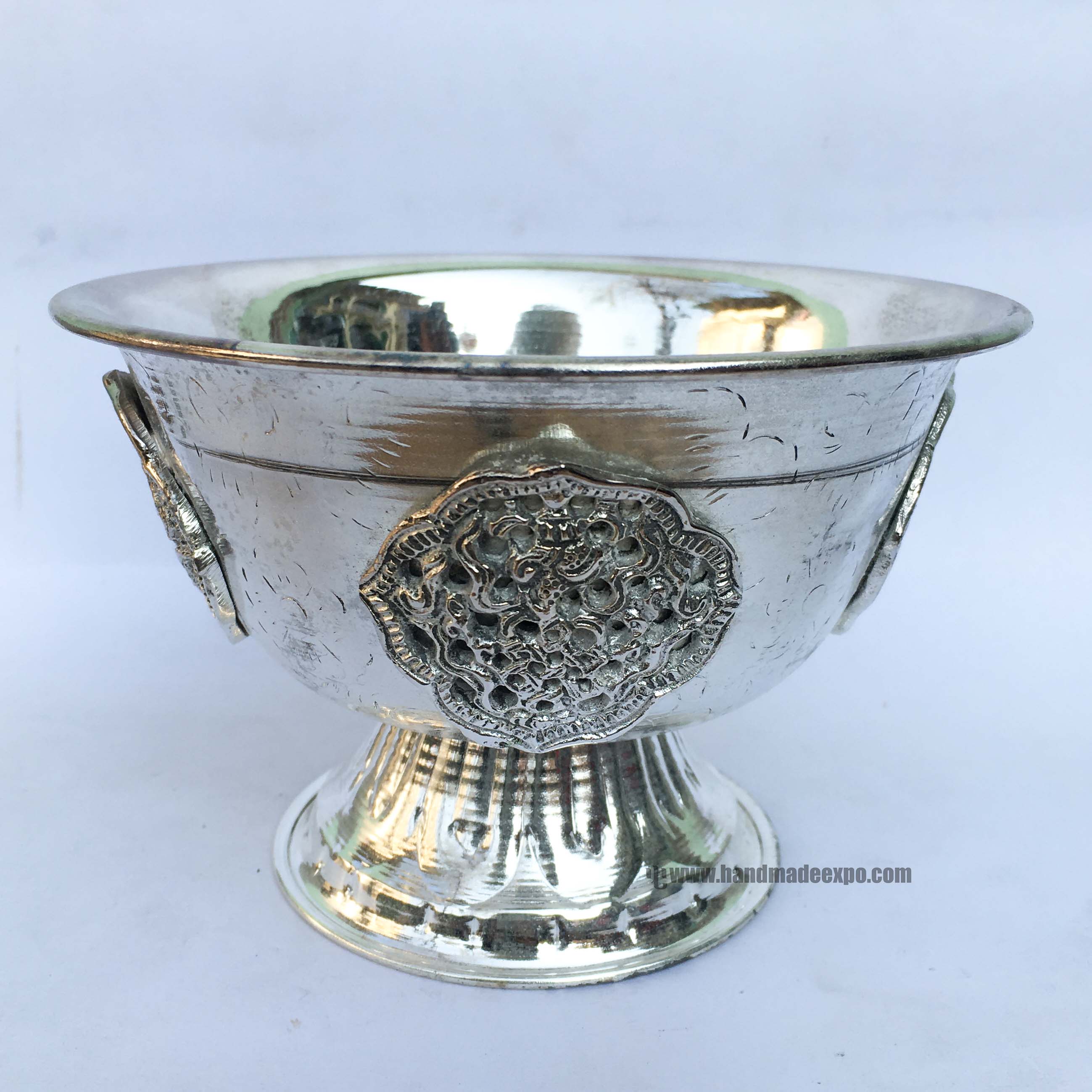 Metal Offering Bowls, silver Wash With Stand, Glossy