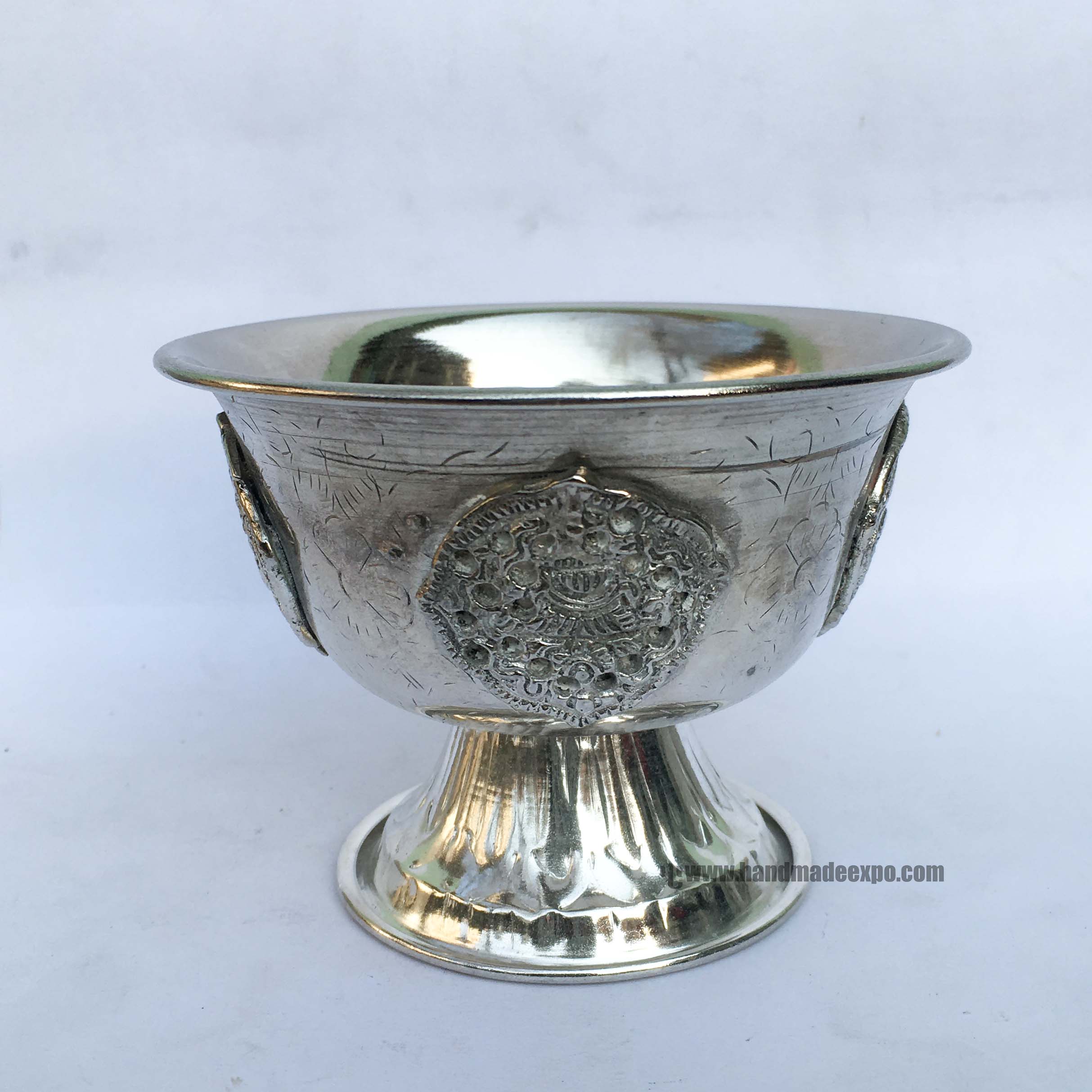 Metal Offering Bowls, silver Wash With Stand Glossy