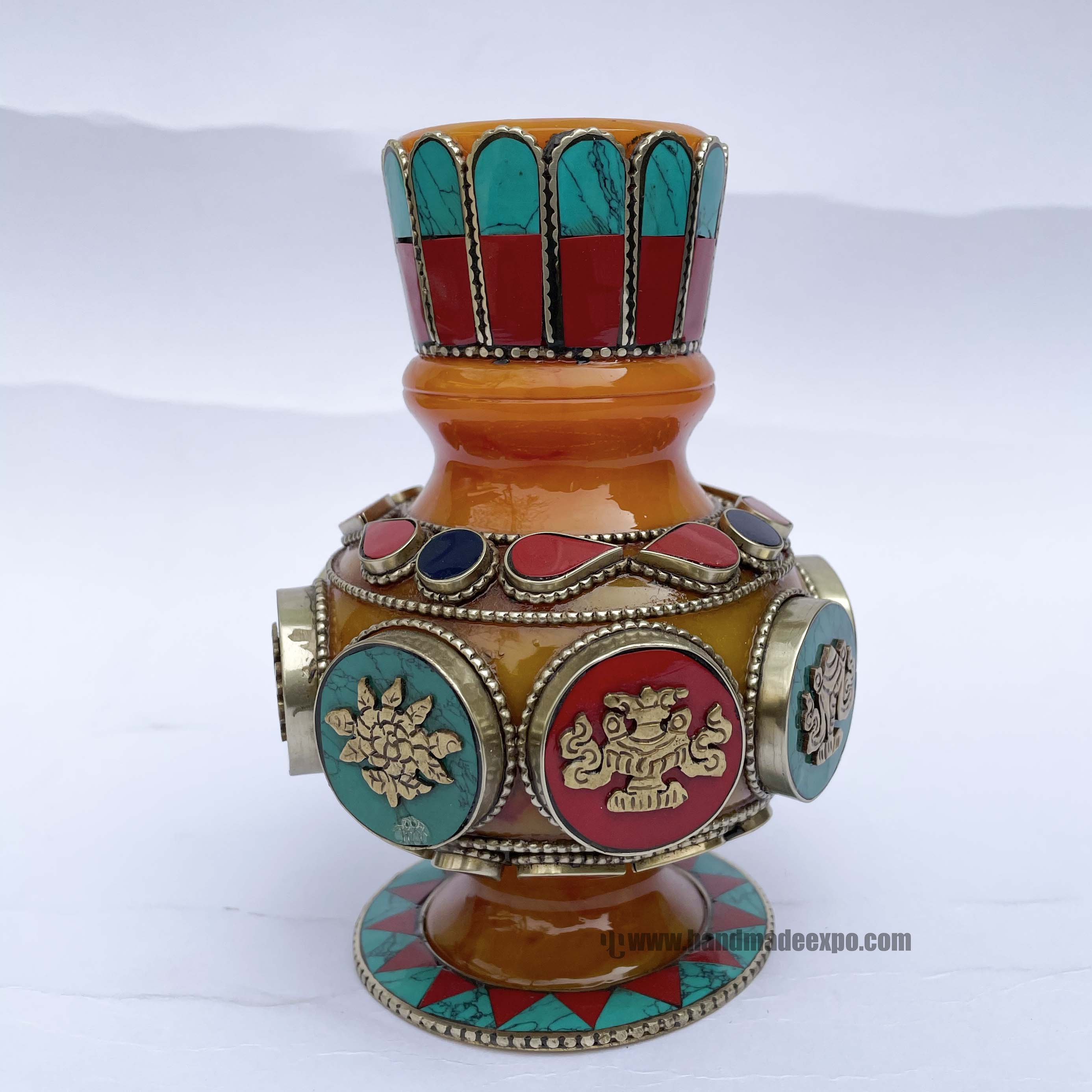Imitation Amber Flower Vase With tourquise, Coral And Lapis And metal Setting