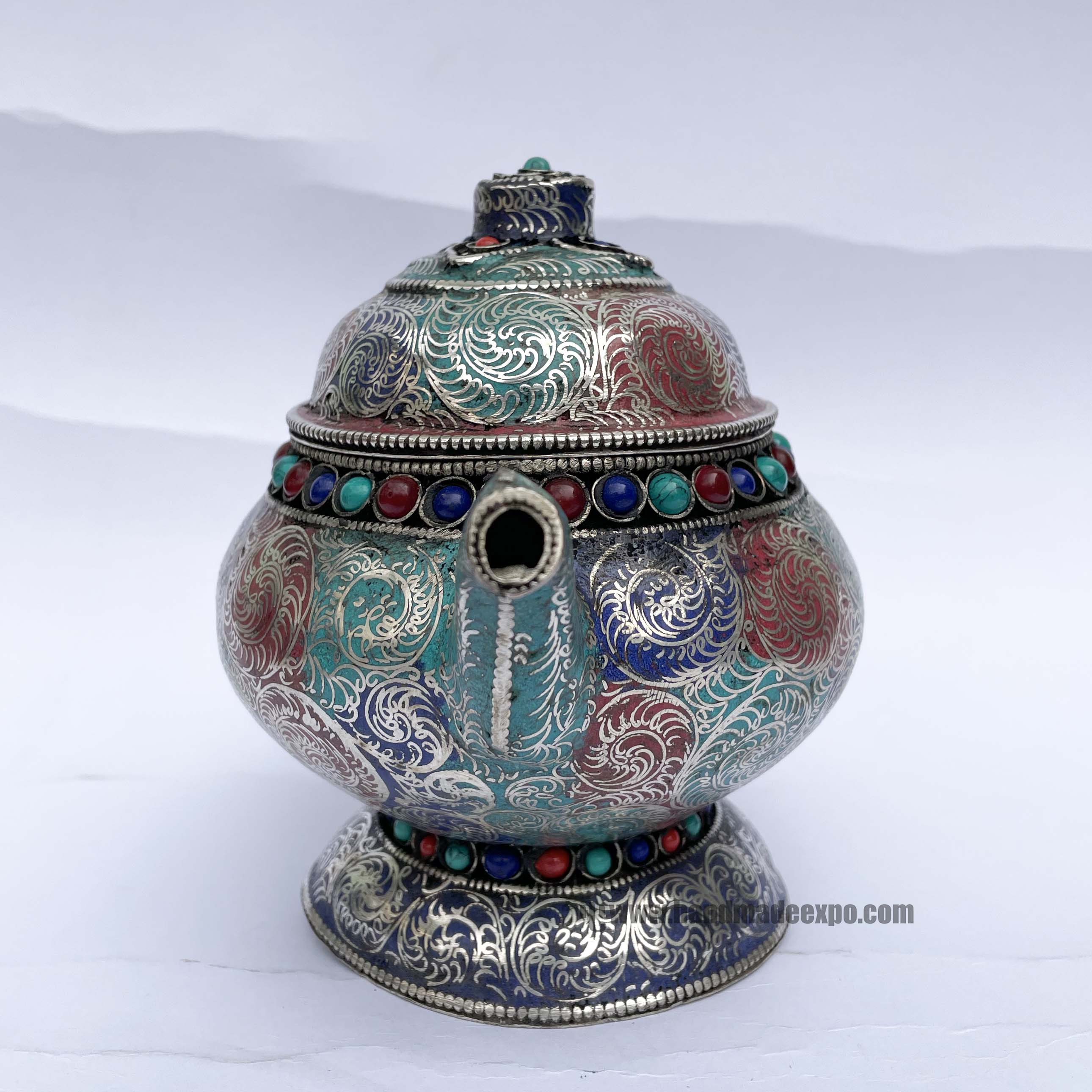 Tibetan Tea And Water Offering Vessel, multi Color, With Stone Setting And Metal Siku Design