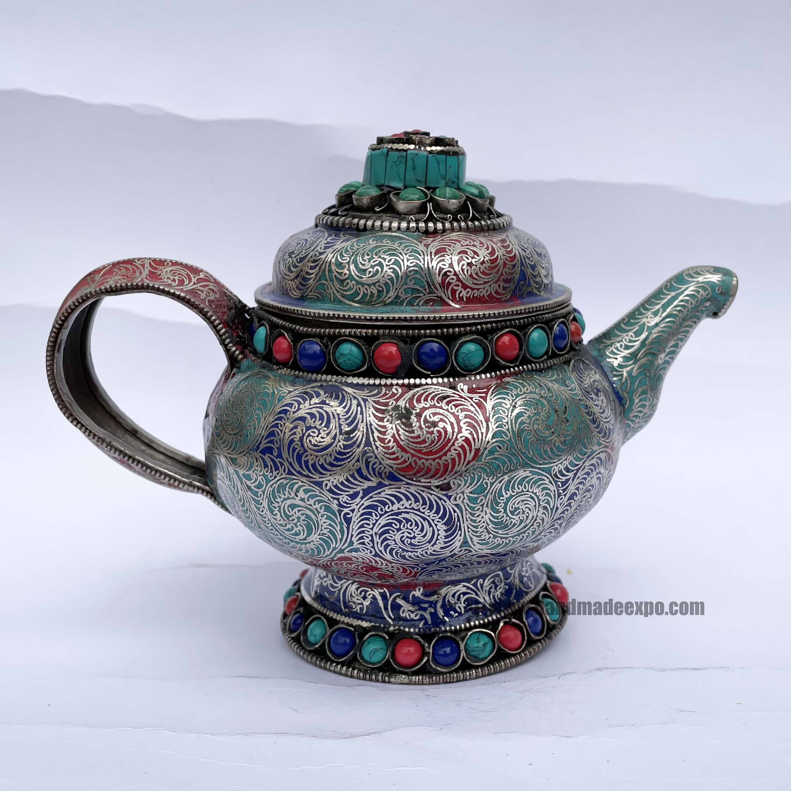 Tibetan Tea And Water Offering Vessel, multi Color, With Stone Setting And Metal Siku Design
