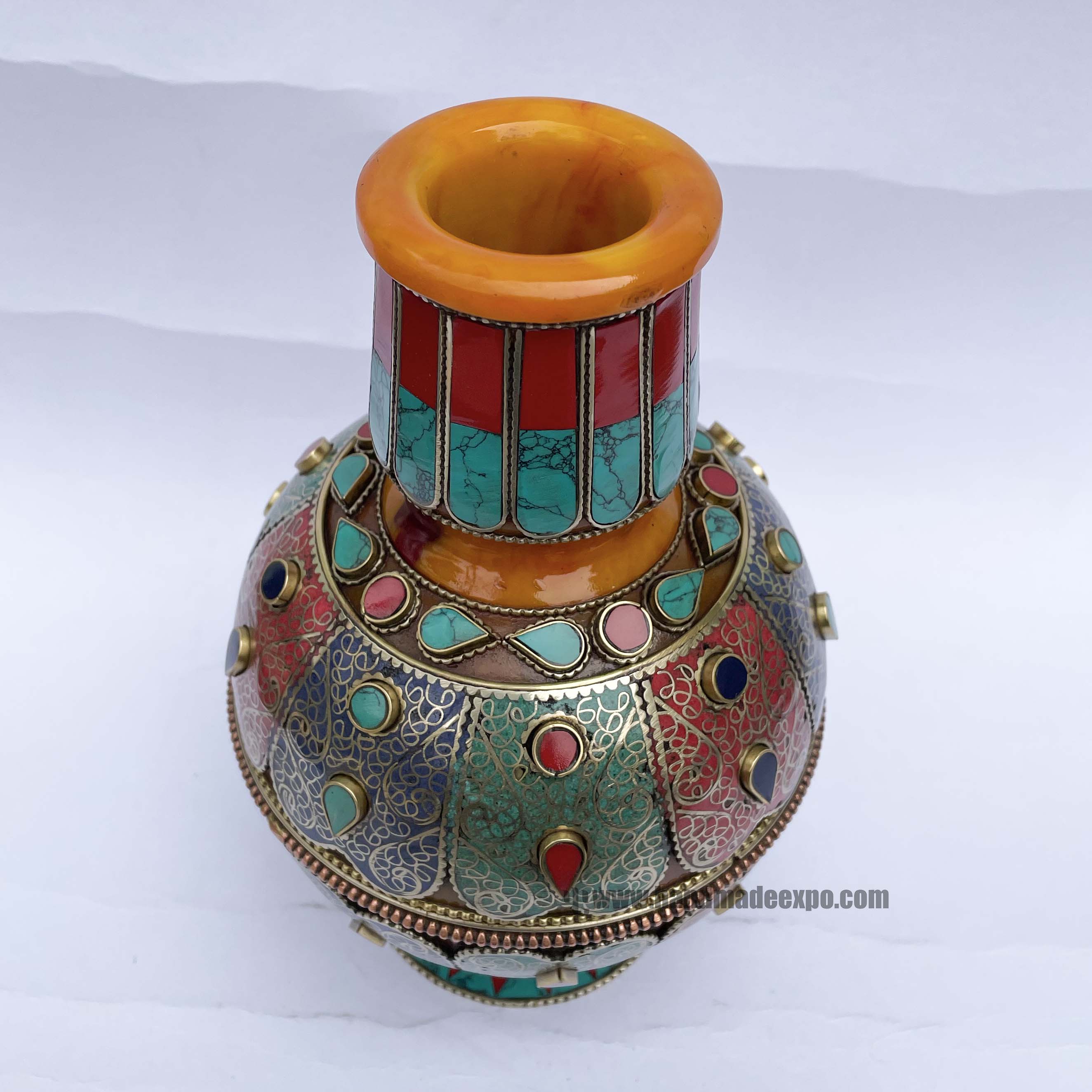 Imitation Amber Flower Vase With tourquise, Coral And Lapis Stone And metal Setting
