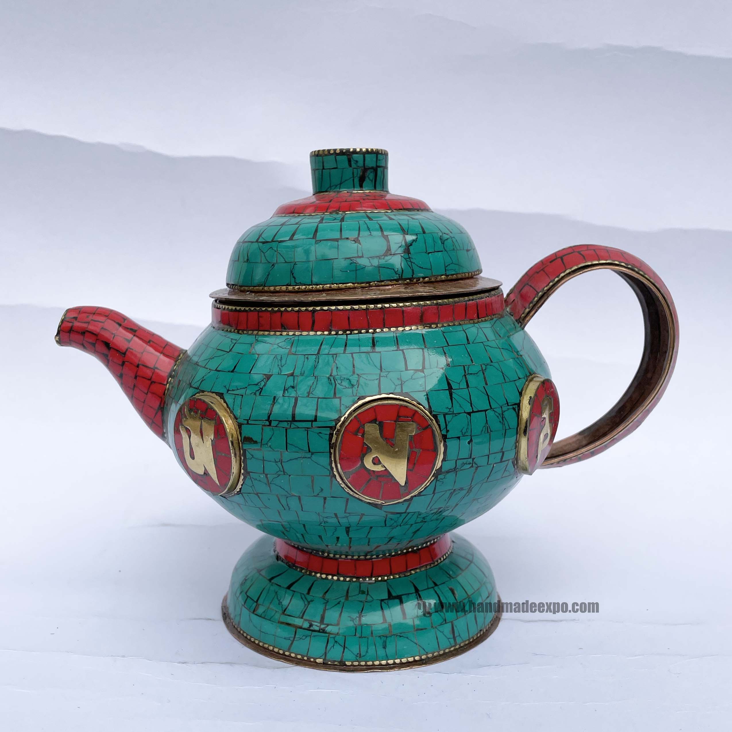 Tibetan Tea And Water Offering Vessel, coral And Turquoise Stone And metal Setting