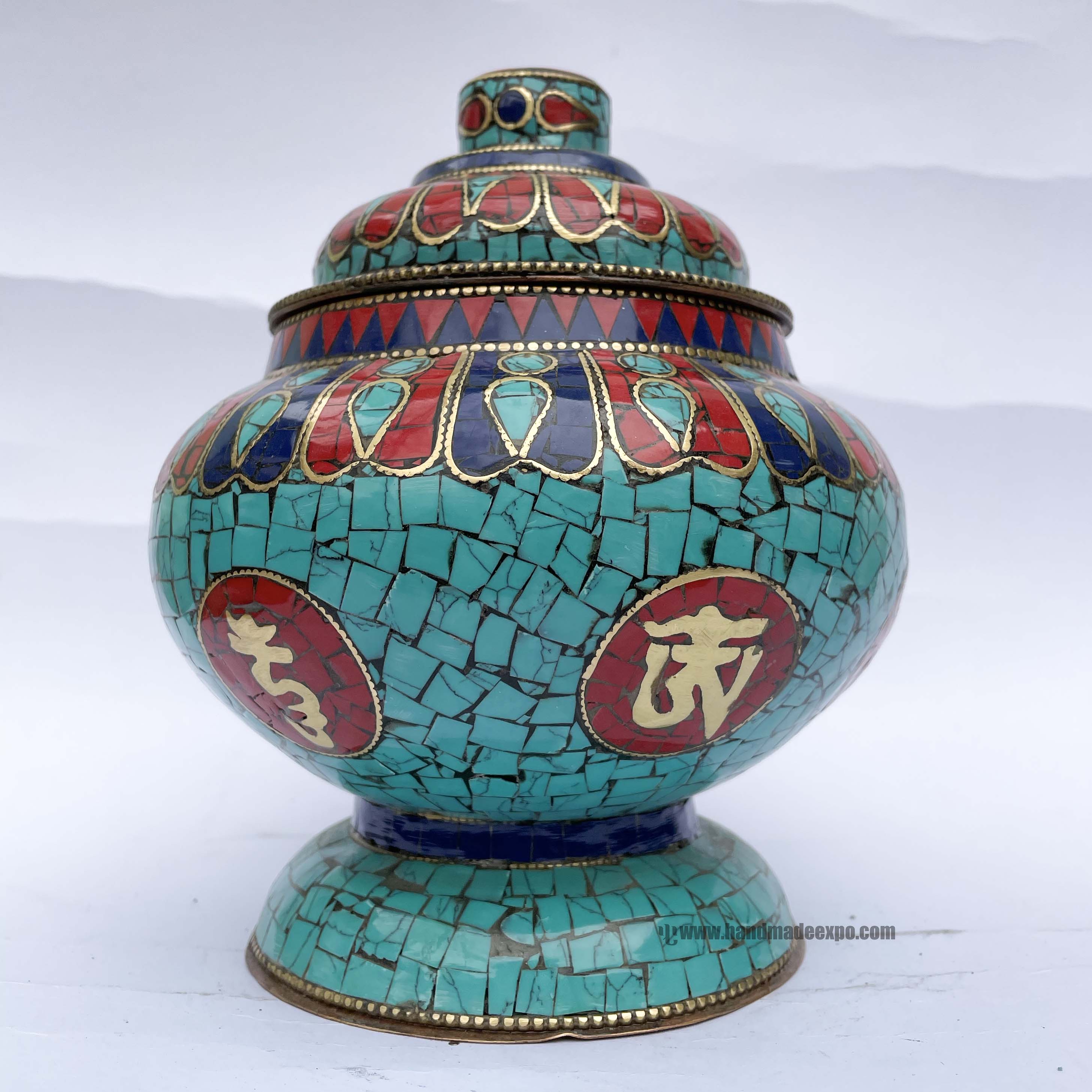 Imitation Amberdophor, Nesi, Vessel For Offering Rice,with tourquise, Coral And Lapis Setting