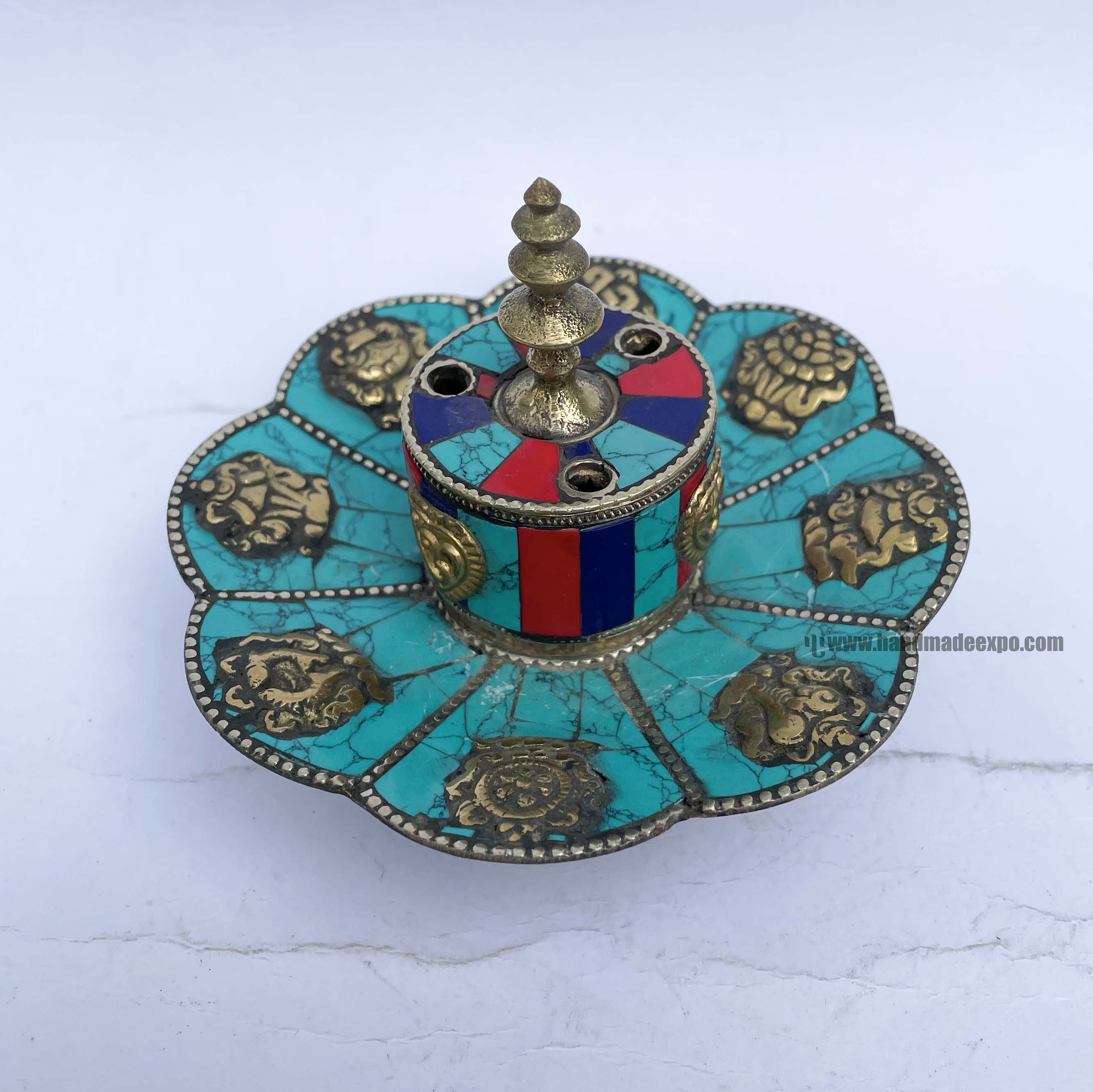 Hand Beaten Metal Incense Burner, tourquise, Coral And Lapis Stone Setting