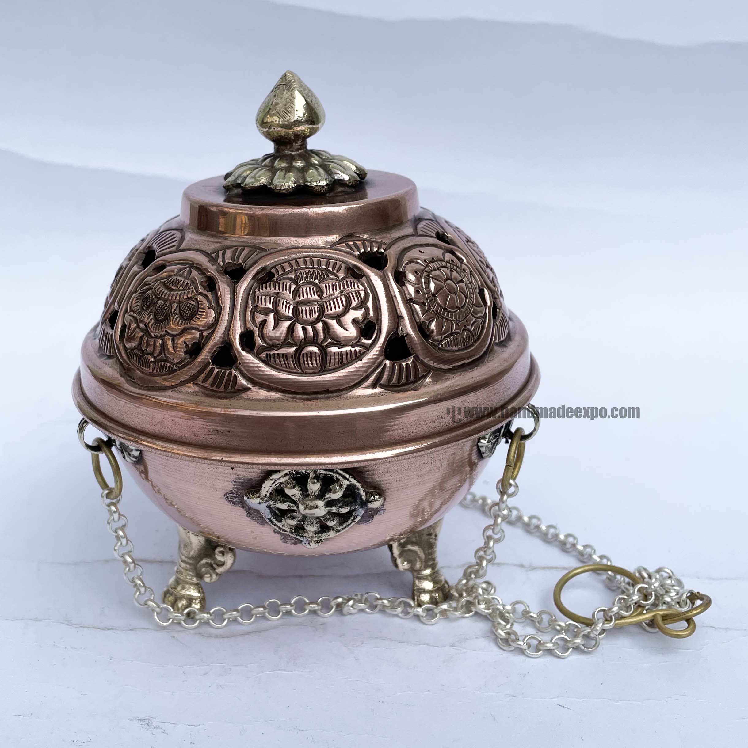 Hand Beaten Metal Incense Burner, brass And Copper, hanging & Swinging