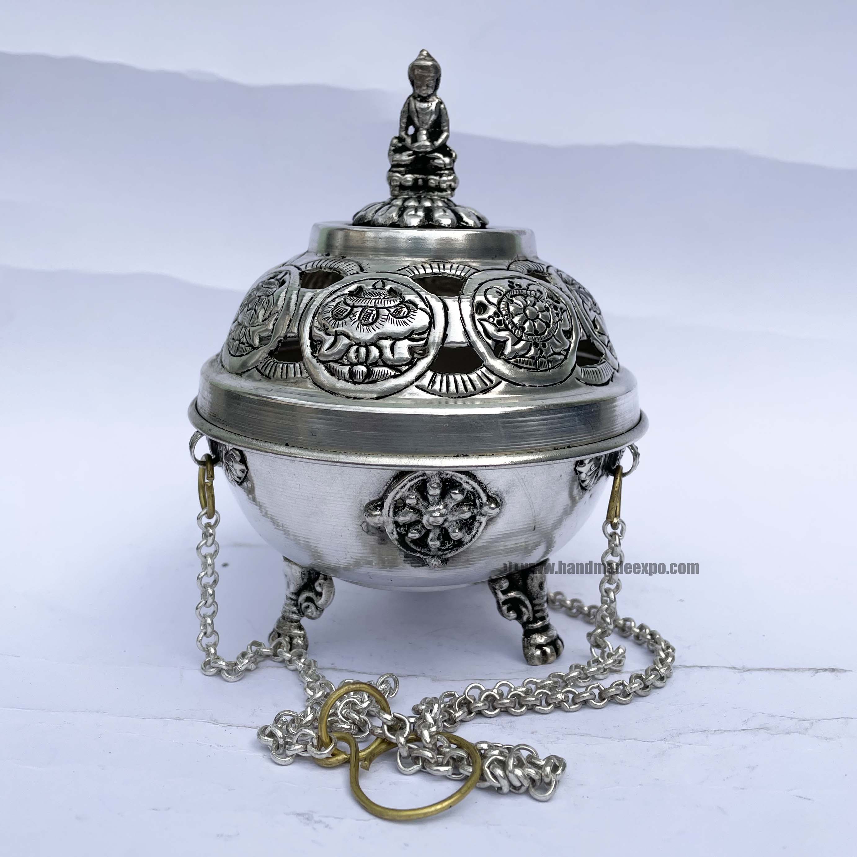 Hand Beaten Metal Incense Burner, silver Plated, hanging & Swinging