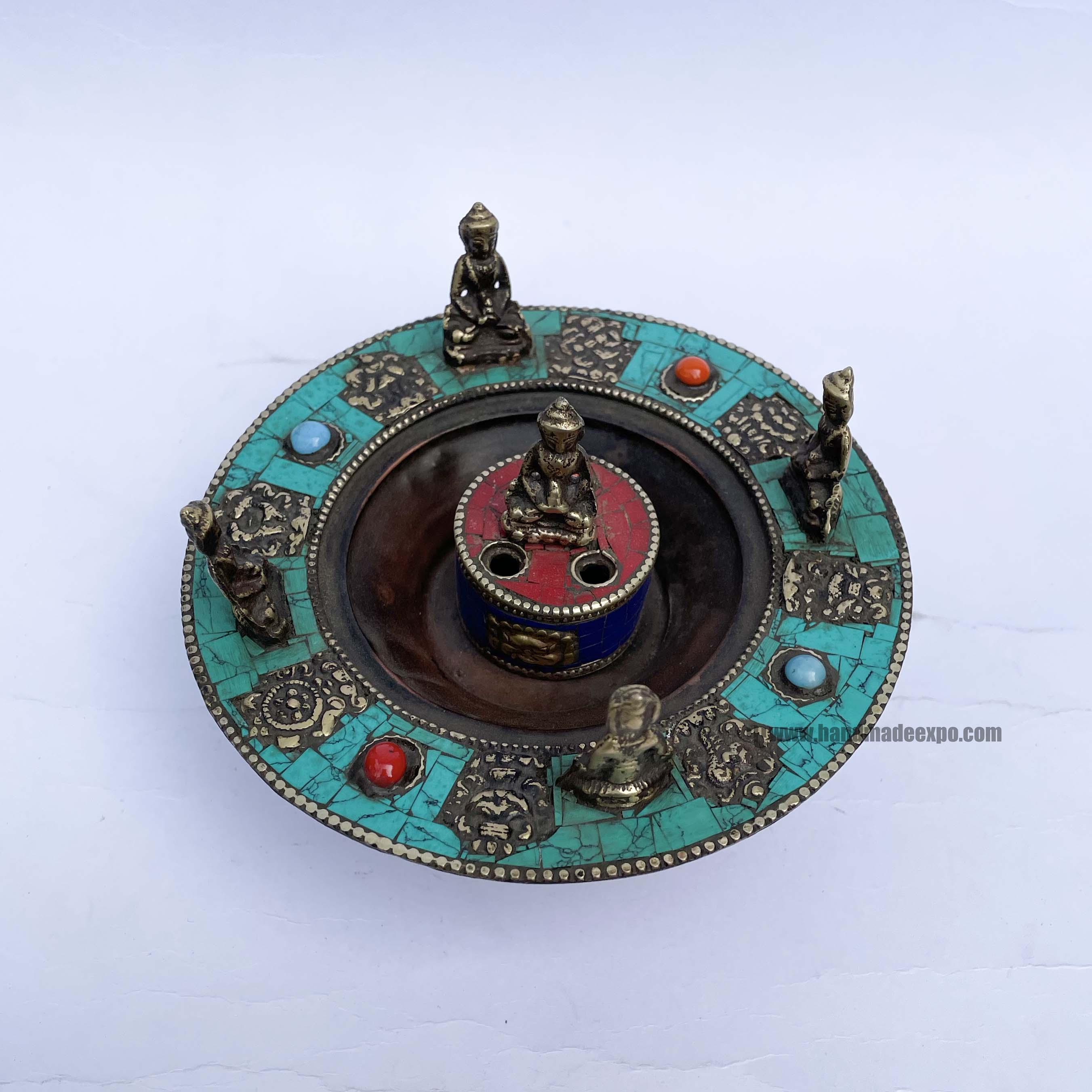 Hand Beaten Metal Incense Burner tourquise With Stone Setting
