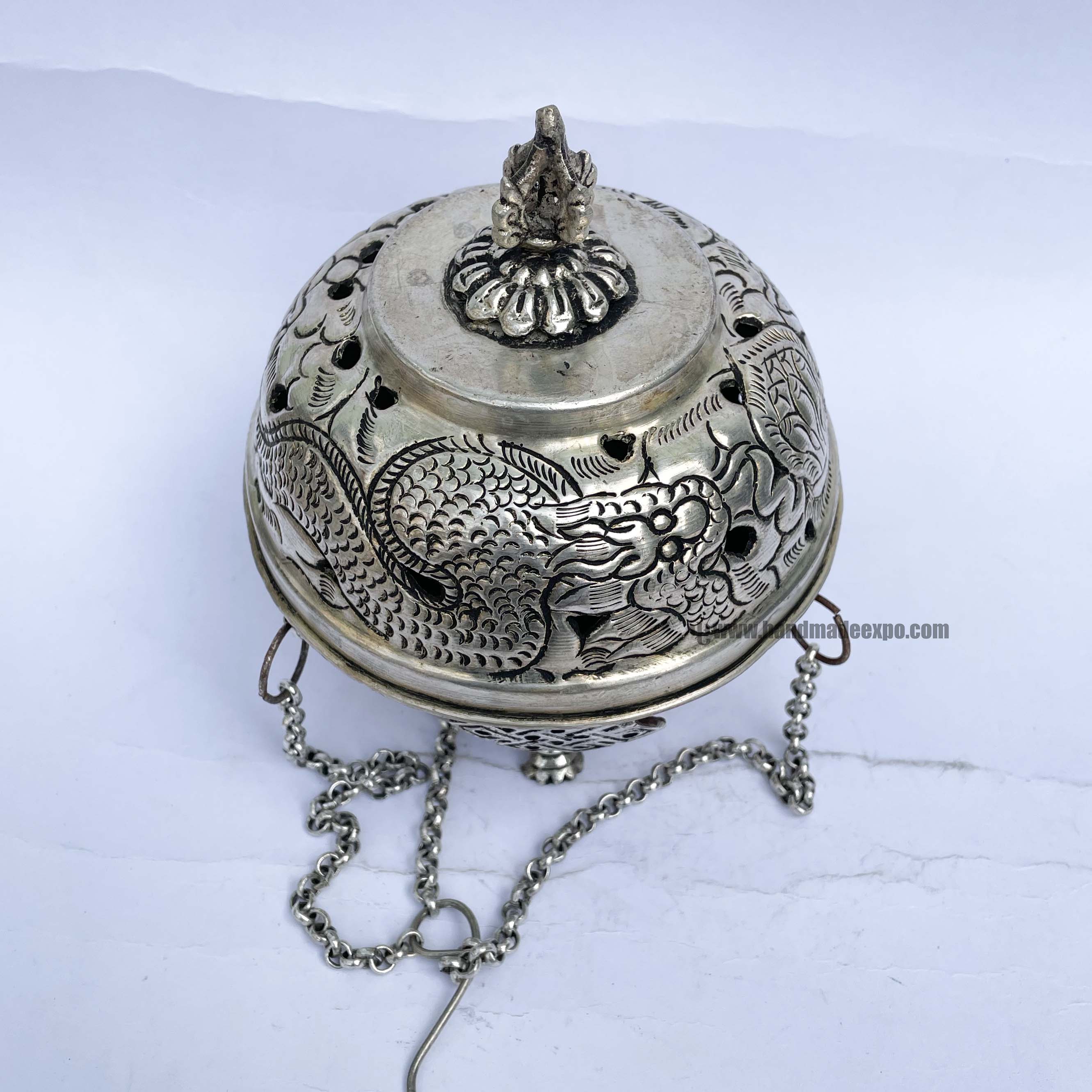 Hand Beaten Metal Incense Burner, silver Plated, hanging & Swinging