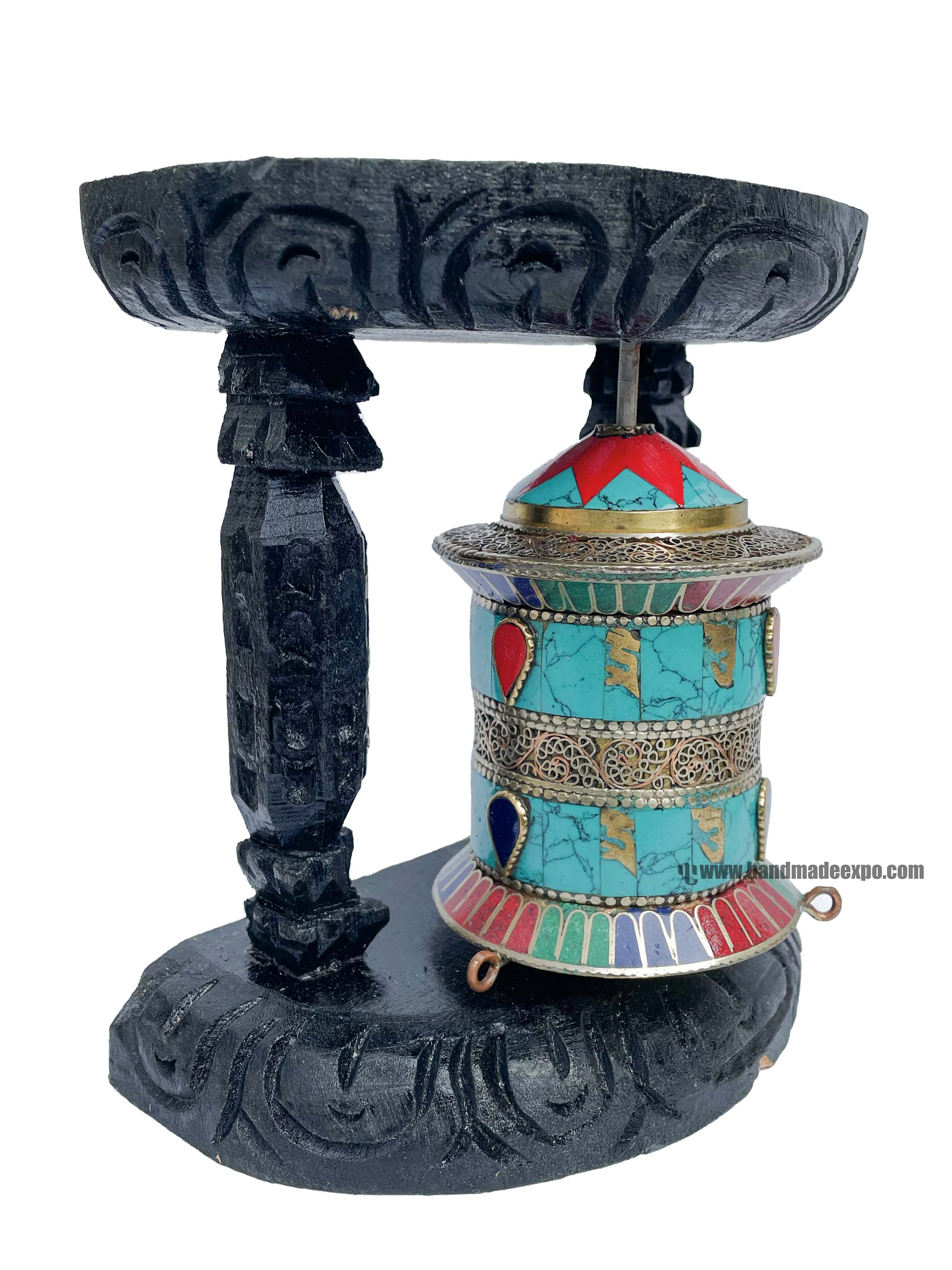 Brass Prayer Wheel On Wooden Frame <span Style=