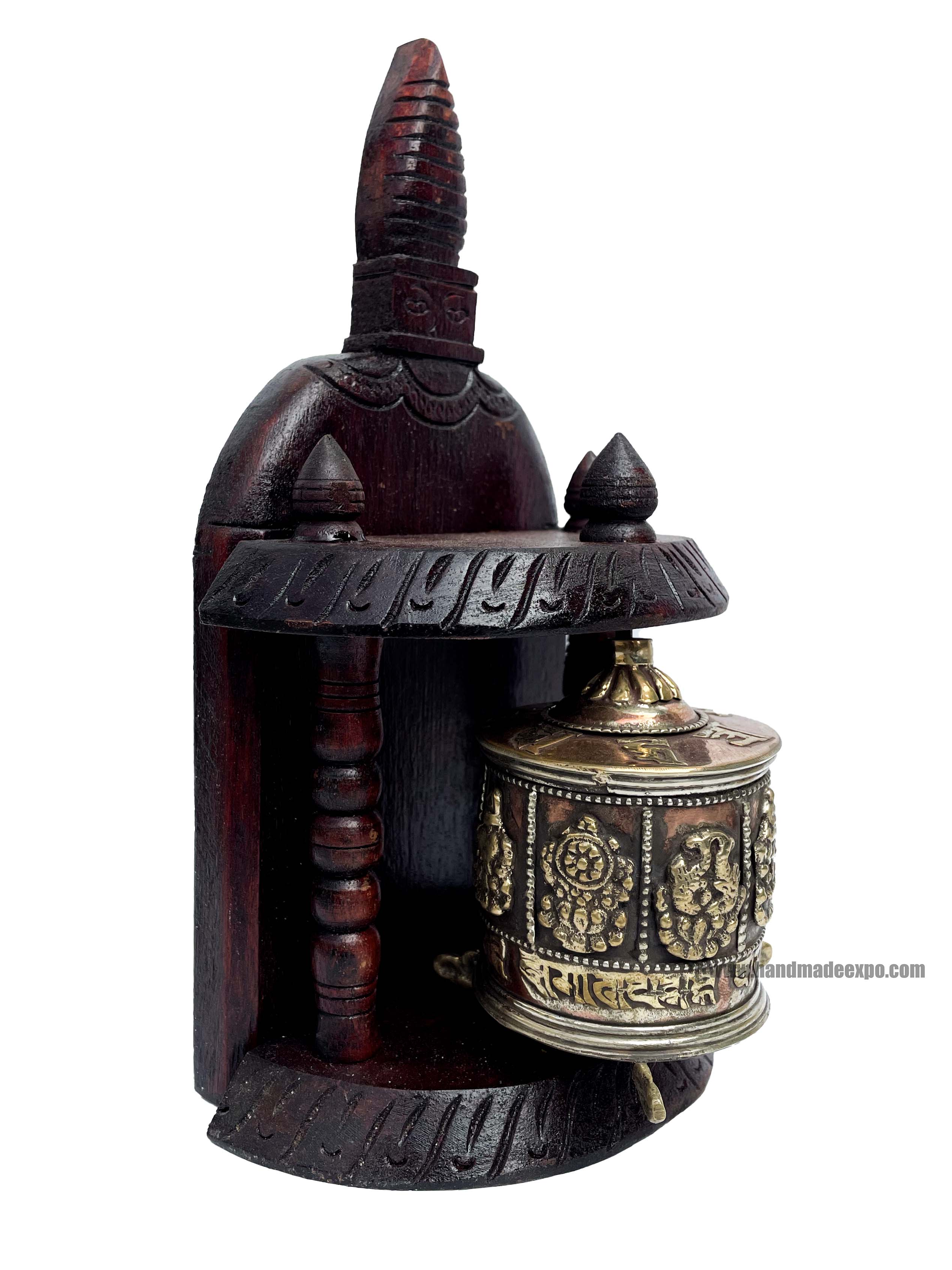 Brass Prayer Wheel On Wooden Frame <span Style=